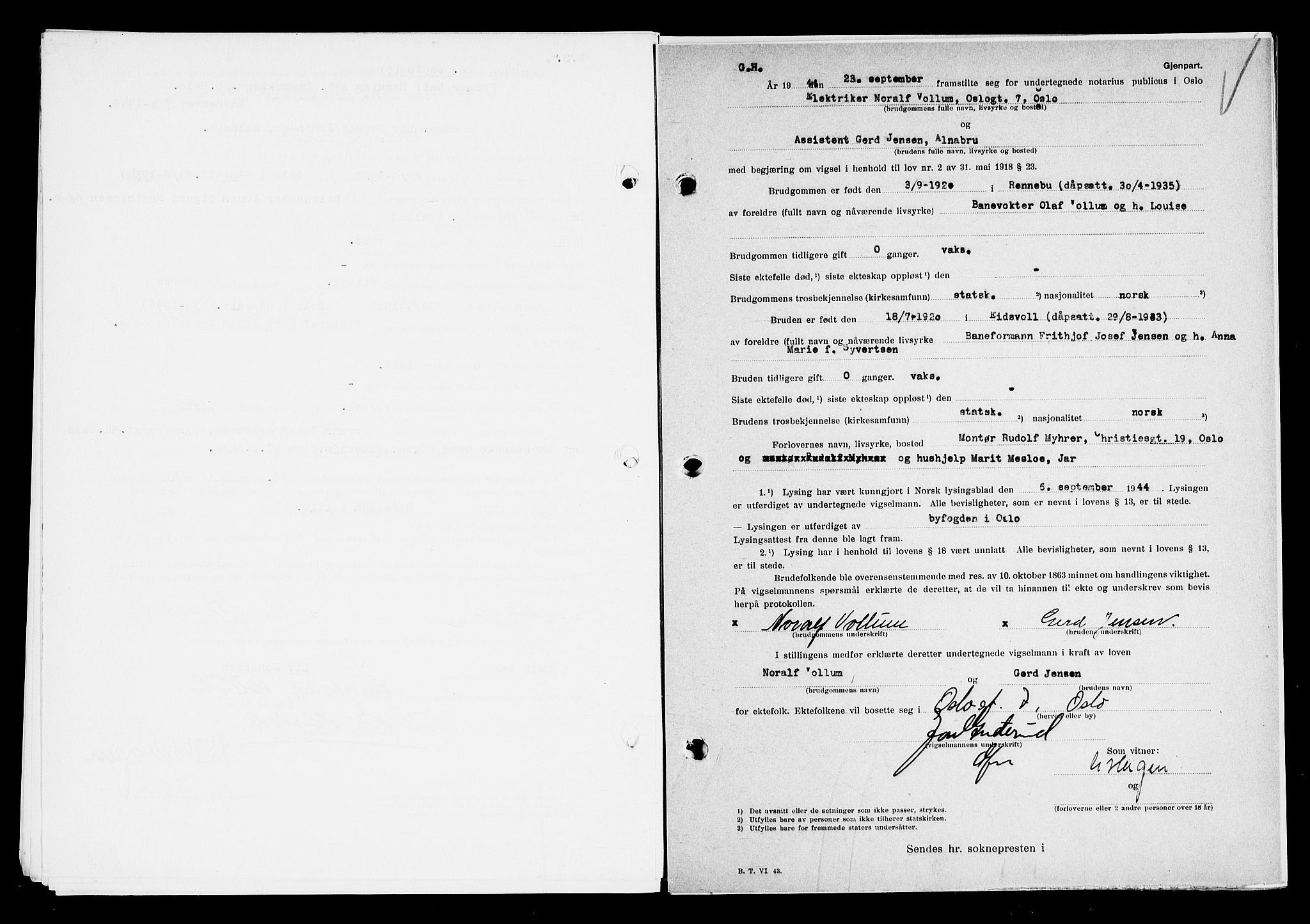 Oslo byfogd avd. I, AV/SAO-A-10220/L/Lb/Lbb/L0051: Notarialprotokoll, rekke II: Vigsler, 1944