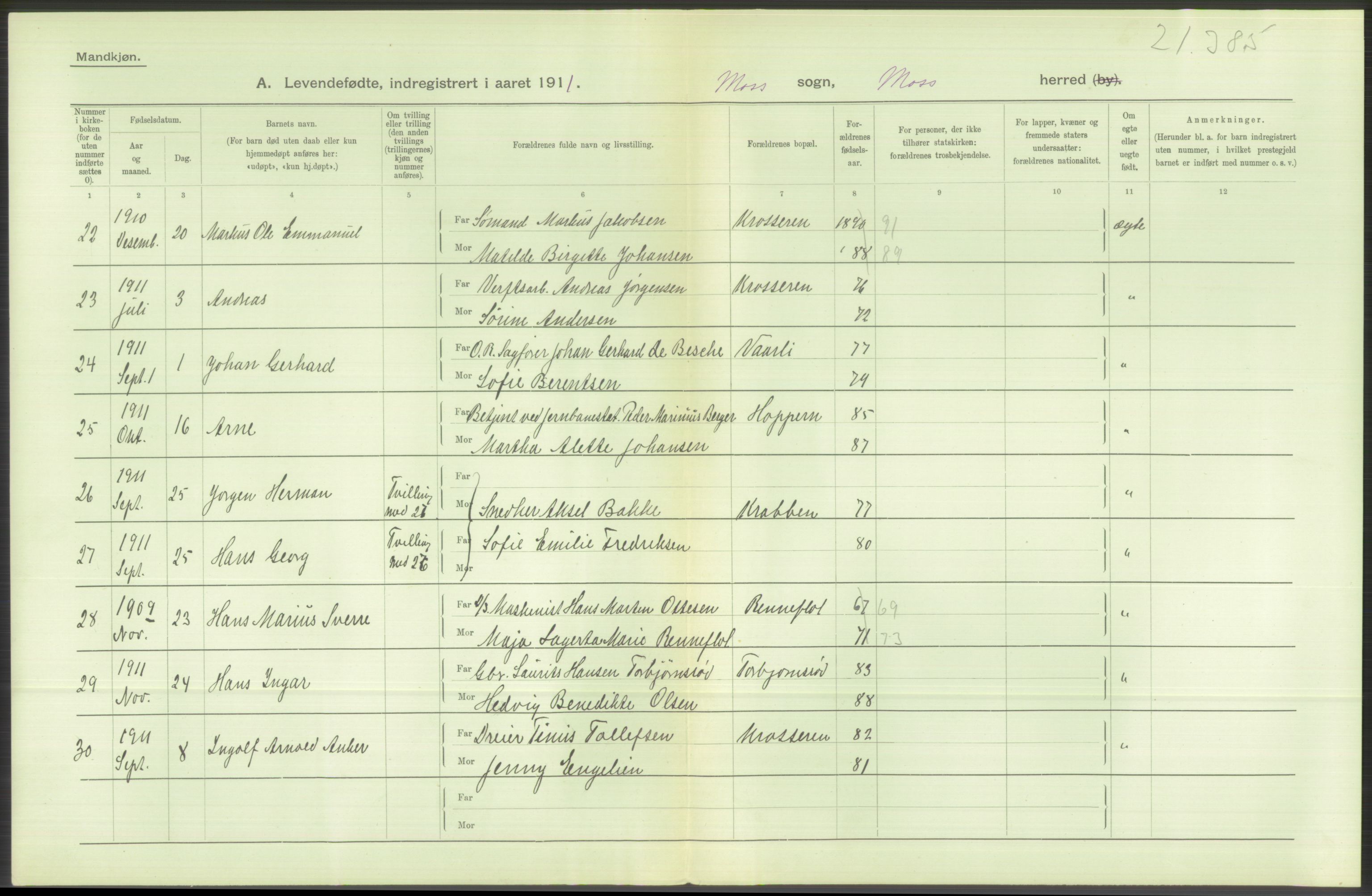 Statistisk sentralbyrå, Sosiodemografiske emner, Befolkning, AV/RA-S-2228/D/Df/Dfb/Dfba/L0001: Smålenenes amt: Levendefødte menn og kvinner. Bygder., 1911, s. 312