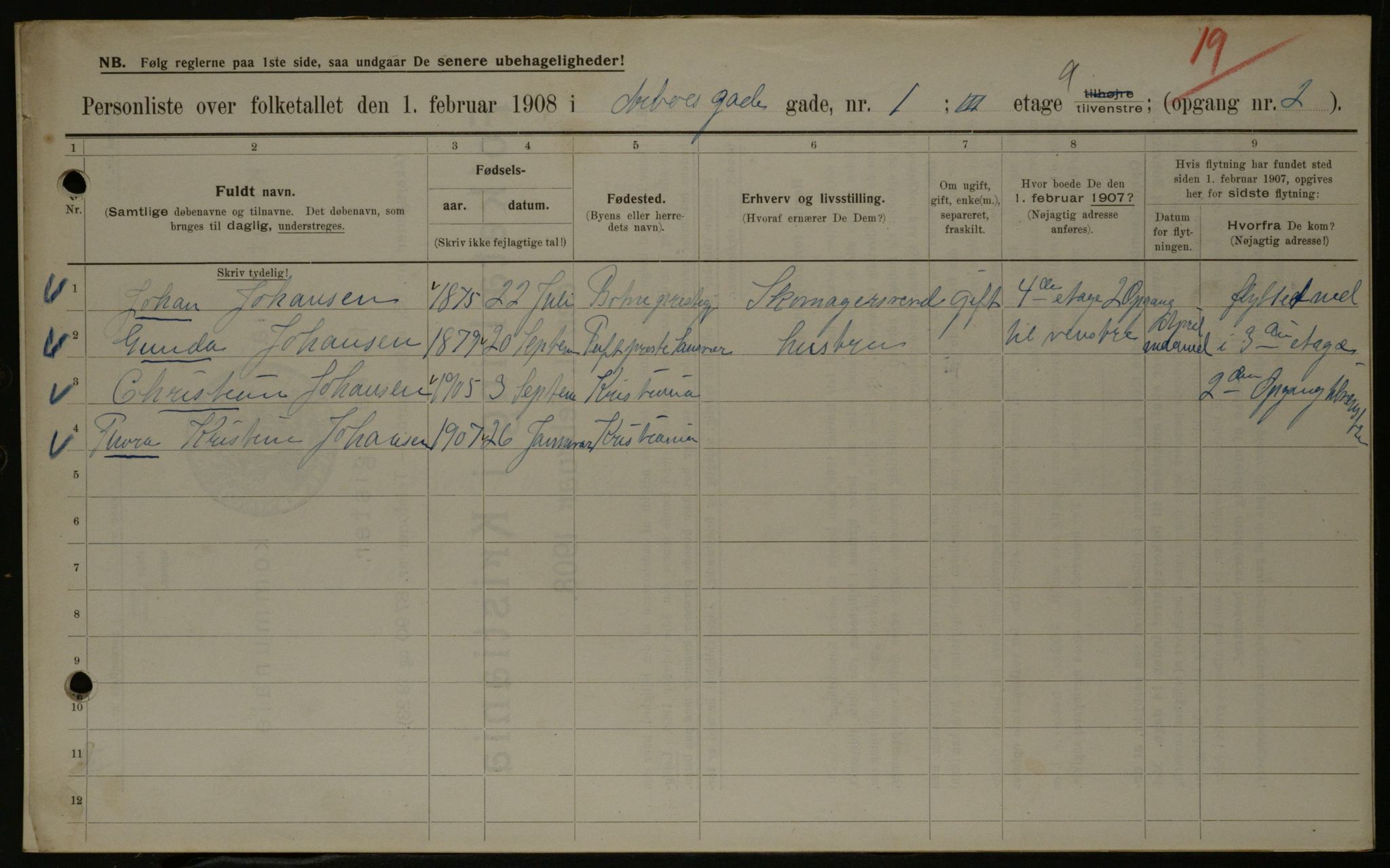 OBA, Kommunal folketelling 1.2.1908 for Kristiania kjøpstad, 1908, s. 1936
