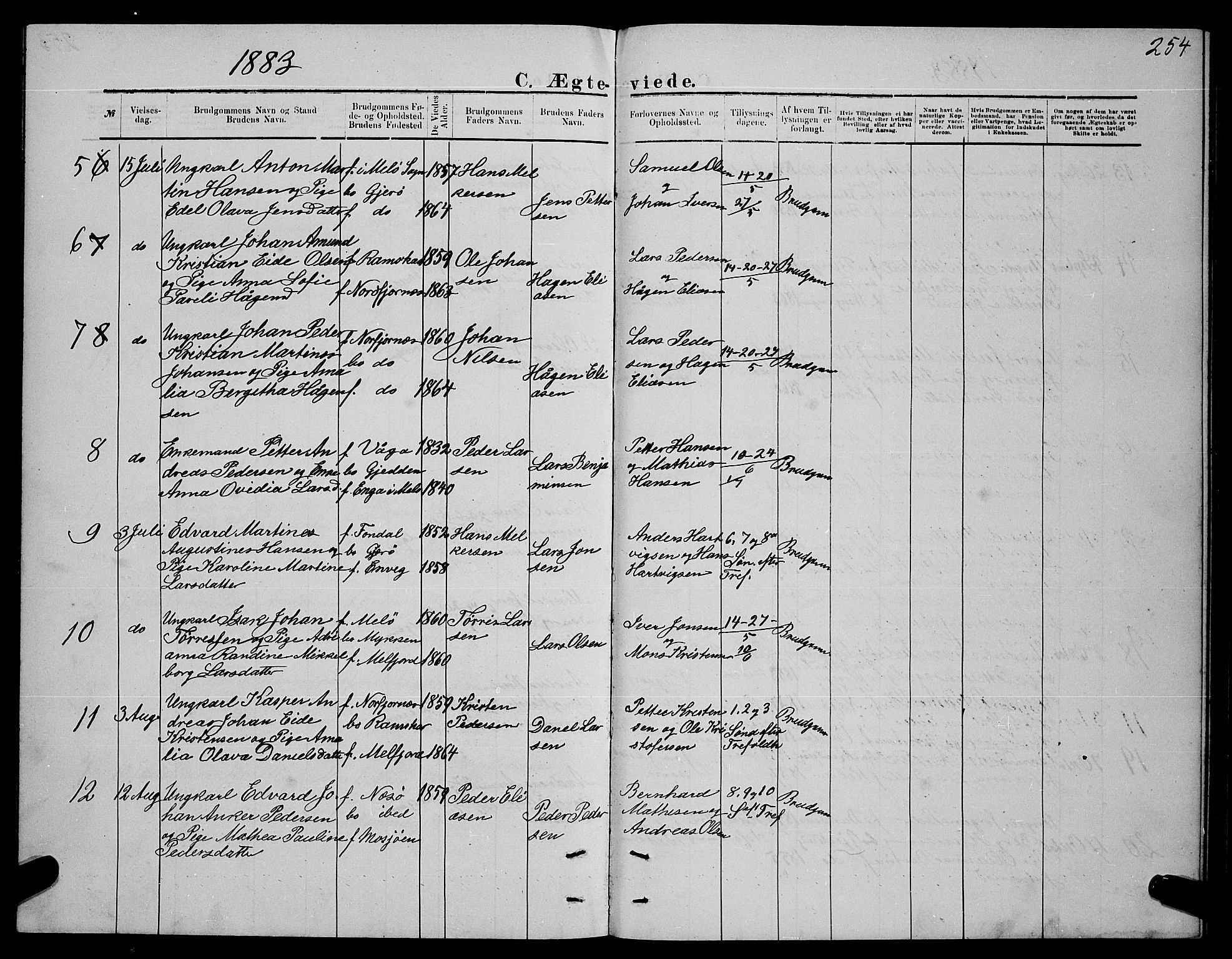 Ministerialprotokoller, klokkerbøker og fødselsregistre - Nordland, AV/SAT-A-1459/841/L0620: Klokkerbok nr. 841C04, 1877-1896, s. 254