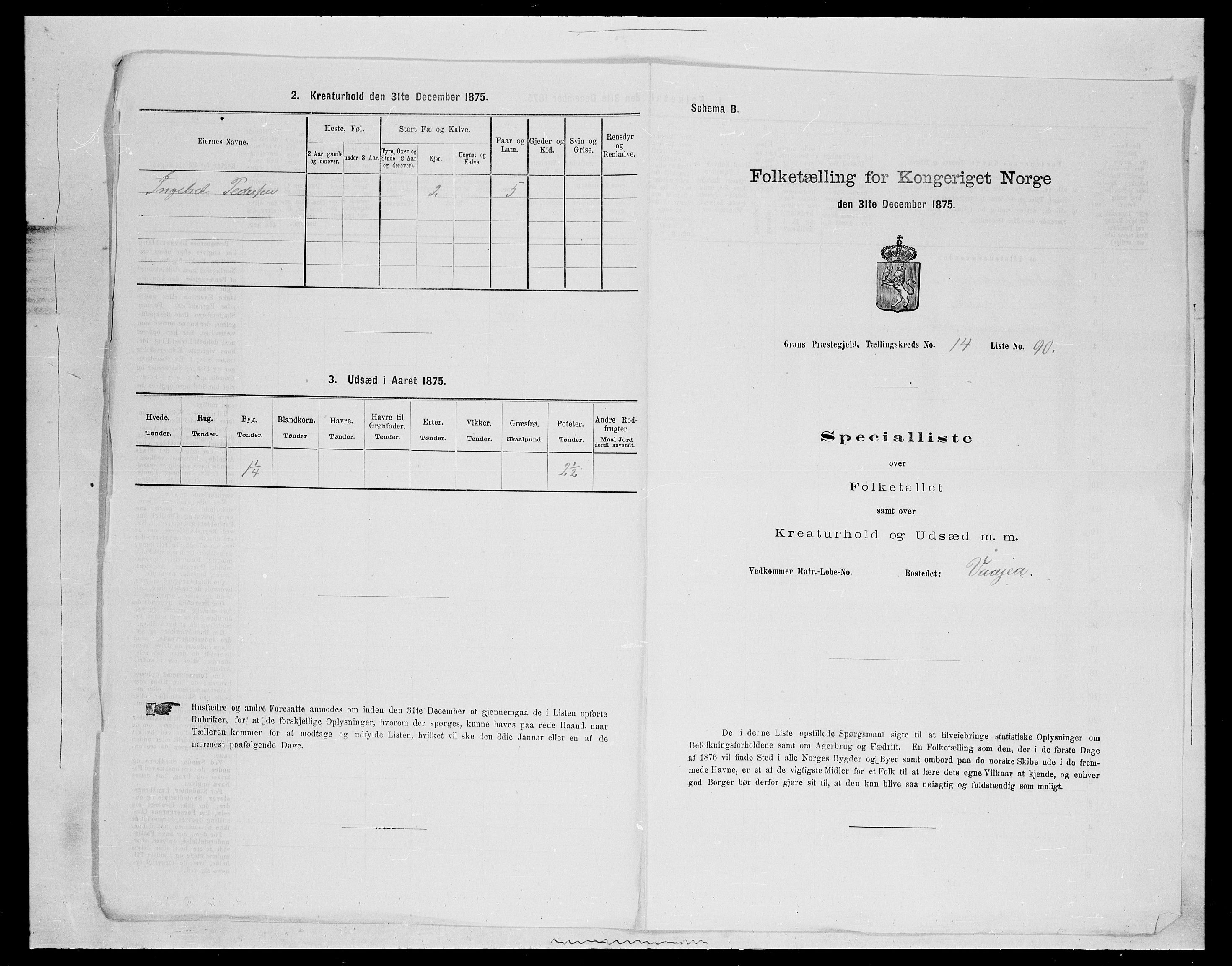 SAH, Folketelling 1875 for 0534P Gran prestegjeld, 1875, s. 2709