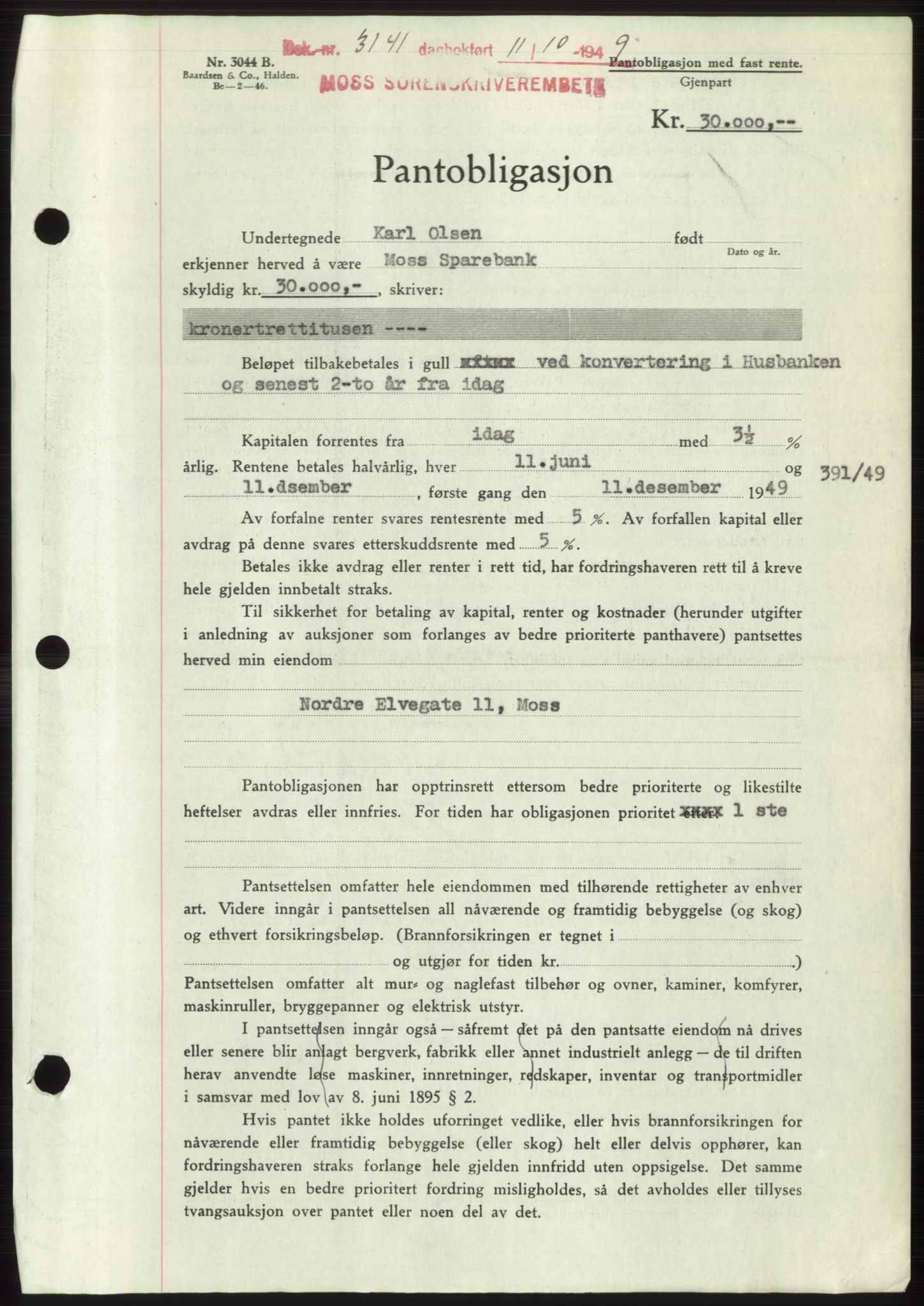 Moss sorenskriveri, SAO/A-10168: Pantebok nr. B22, 1949-1949, Dagboknr: 3141/1949