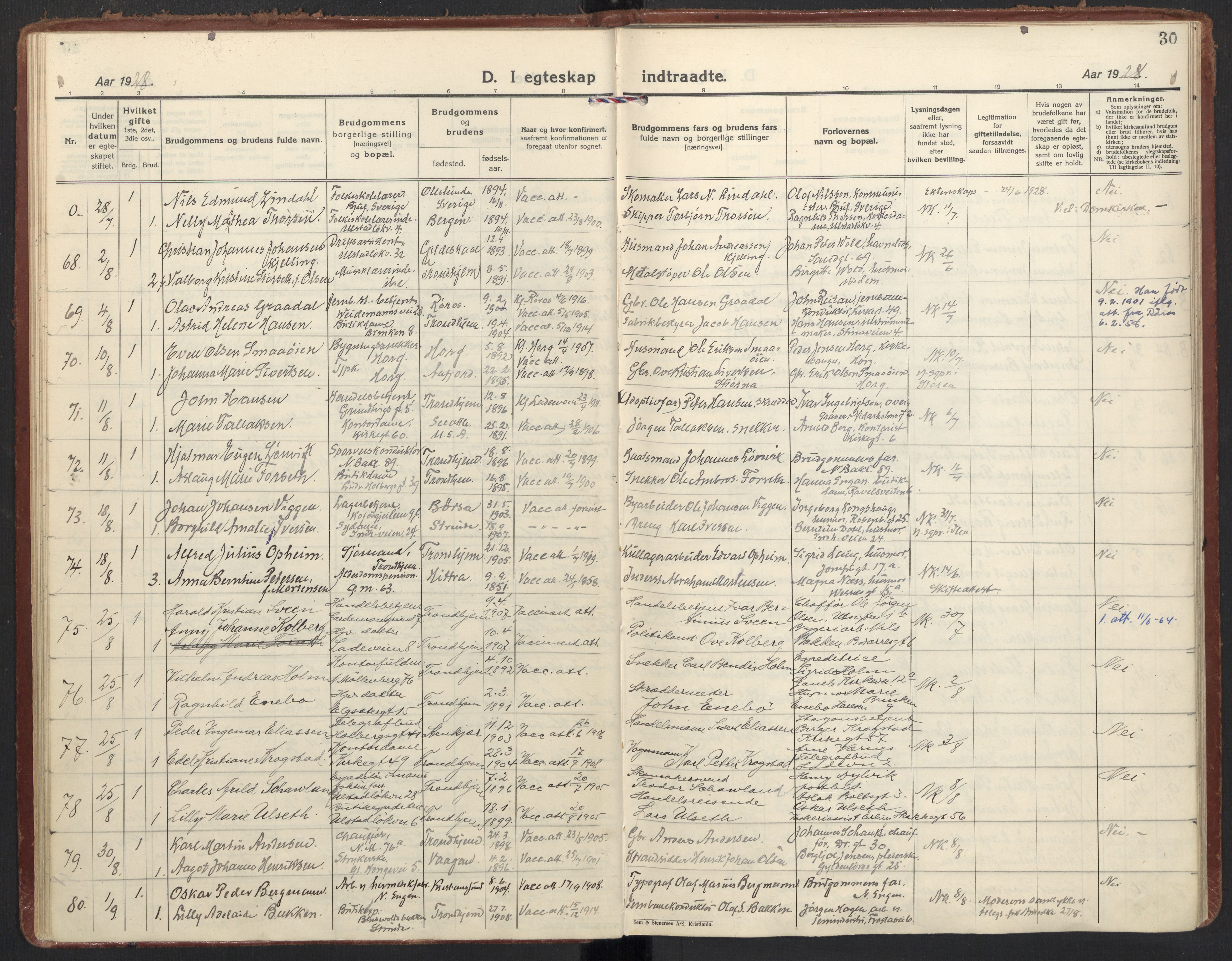 Ministerialprotokoller, klokkerbøker og fødselsregistre - Sør-Trøndelag, AV/SAT-A-1456/605/L0249: Ministerialbok nr. 605A11, 1925-1936, s. 30