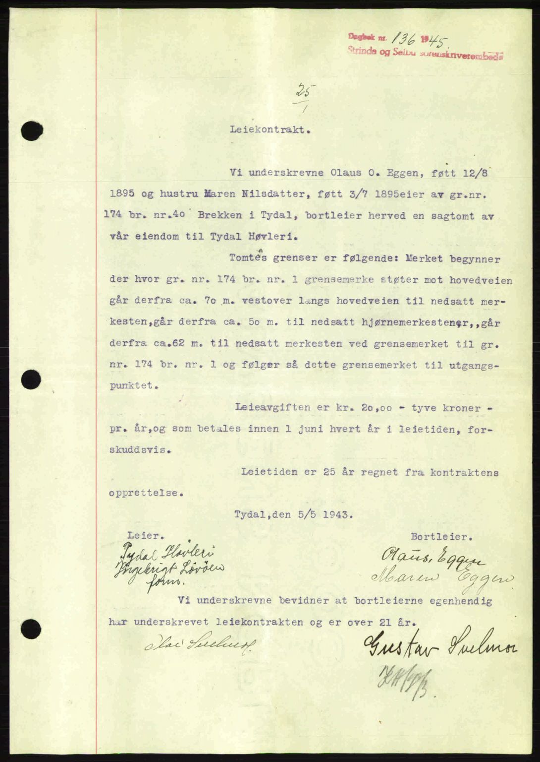 Strinda og Selbu sorenskriveri, SAT/A-0015/2/2C: Pantebok nr. A9, 1944-1945, Dagboknr: 136/1945