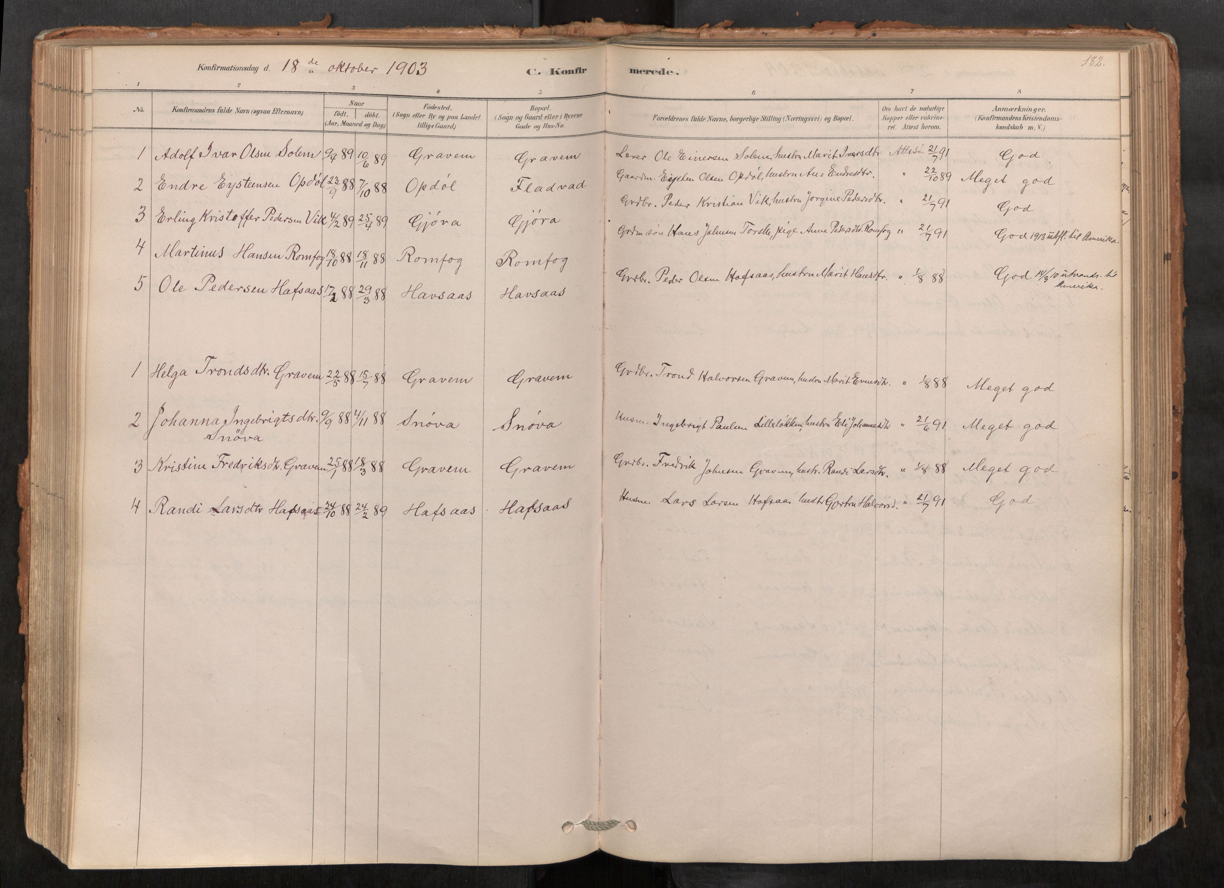 Sunndal sokneprestkontor, SAT/A-1085/1/I/I1/I1a/L0001: Ministerialbok nr. 1, 1877-1914, s. 182