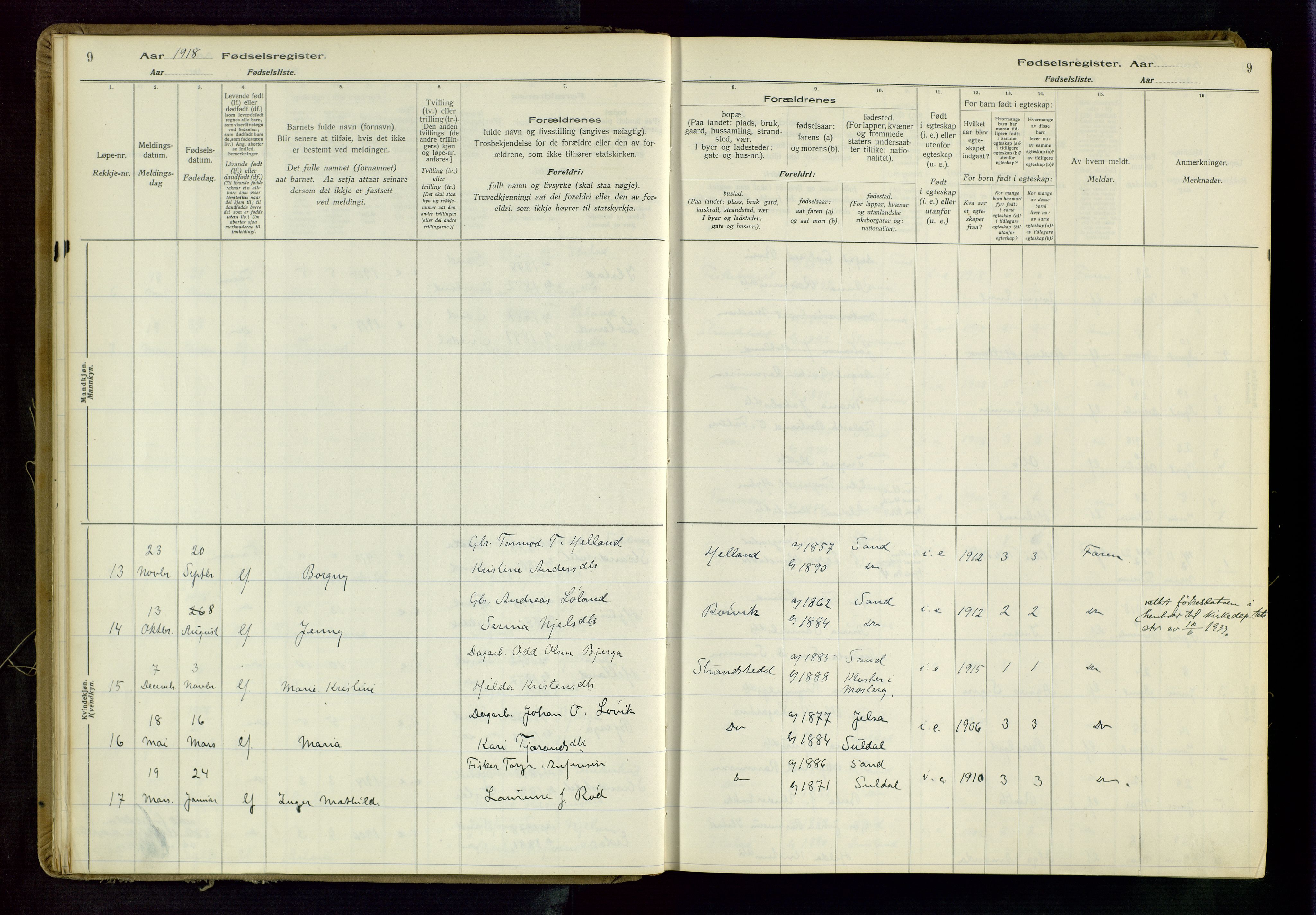 Suldal sokneprestkontor, AV/SAST-A-101845/03/A/L0001: Fødselsregister nr. 1, 1916-1982, s. 9