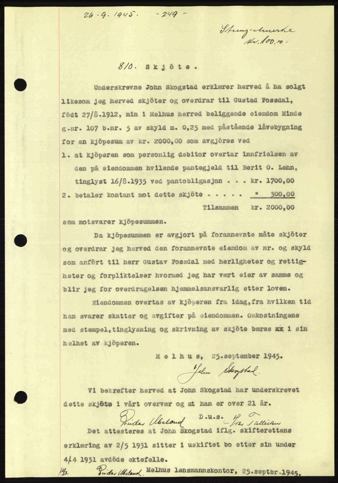 Gauldal sorenskriveri, SAT/A-0014/1/2/2C: Pantebok nr. A1a, 1945-1945, Dagboknr: 810/1945