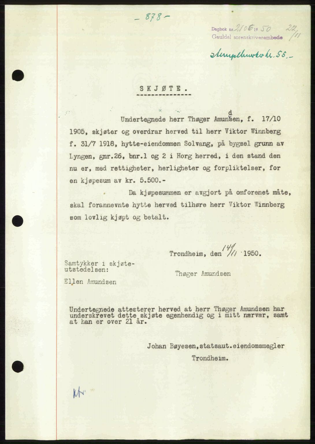 Gauldal sorenskriveri, SAT/A-0014/1/2/2C: Pantebok nr. A11, 1950-1950, Dagboknr: 2106/1950