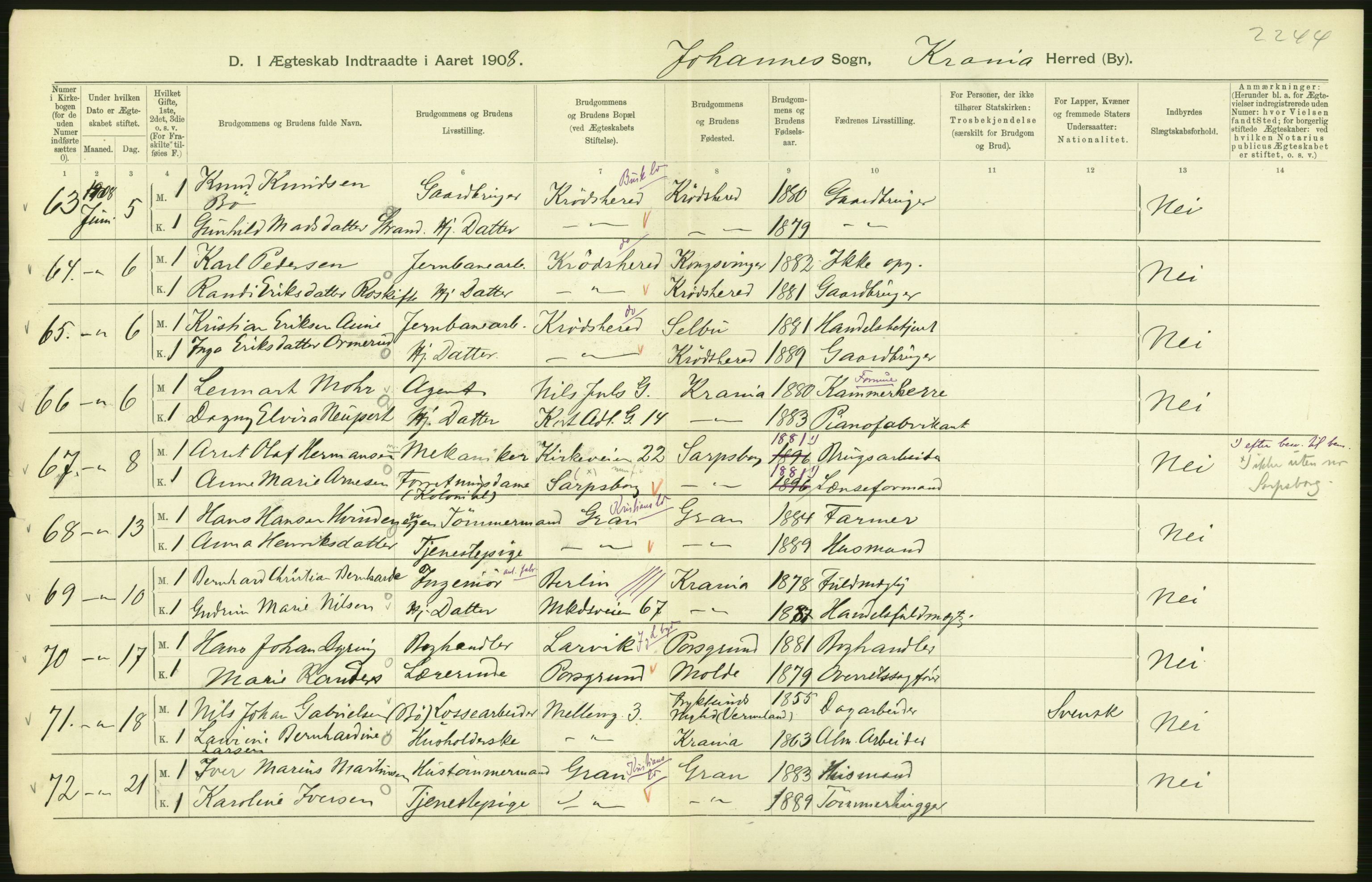 Statistisk sentralbyrå, Sosiodemografiske emner, Befolkning, AV/RA-S-2228/D/Df/Dfa/Dfaf/L0007: Kristiania: Gifte, 1908, s. 356