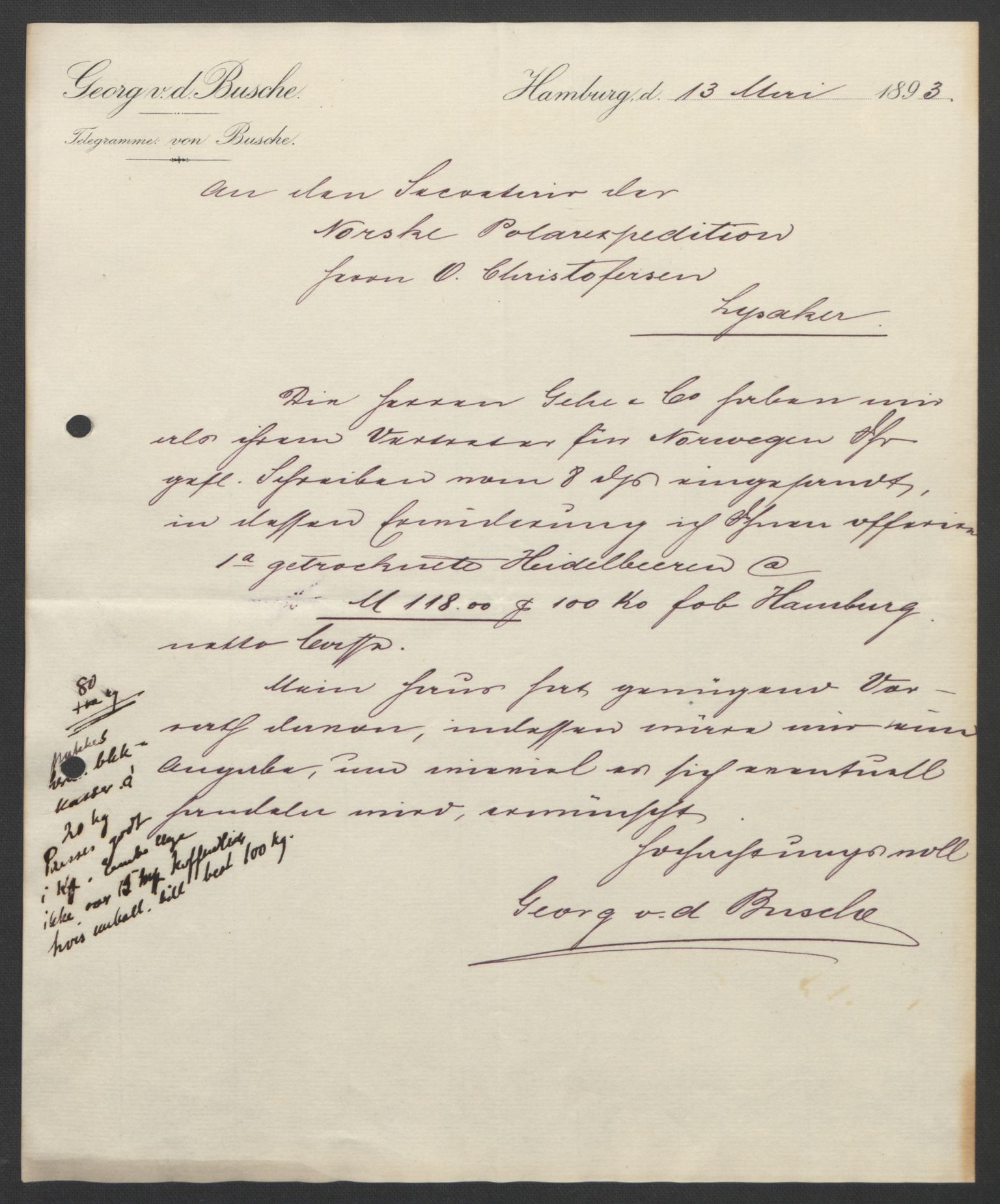 Arbeidskomitéen for Fridtjof Nansens polarekspedisjon, AV/RA-PA-0061/D/L0004: Innk. brev og telegrammer vedr. proviant og utrustning, 1892-1893, s. 636