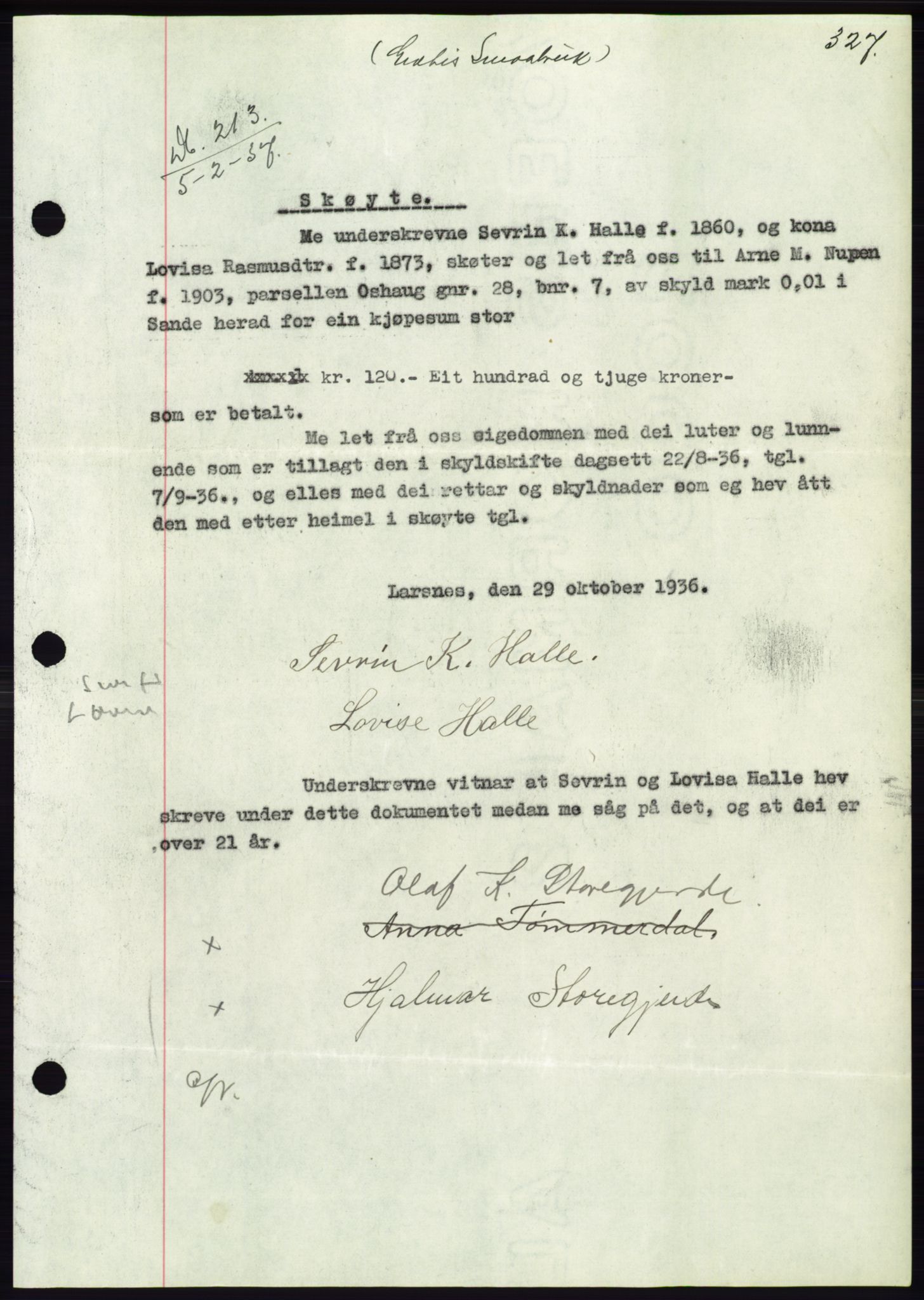 Søre Sunnmøre sorenskriveri, AV/SAT-A-4122/1/2/2C/L0062: Pantebok nr. 56, 1936-1937, Dagboknr: 213/1937