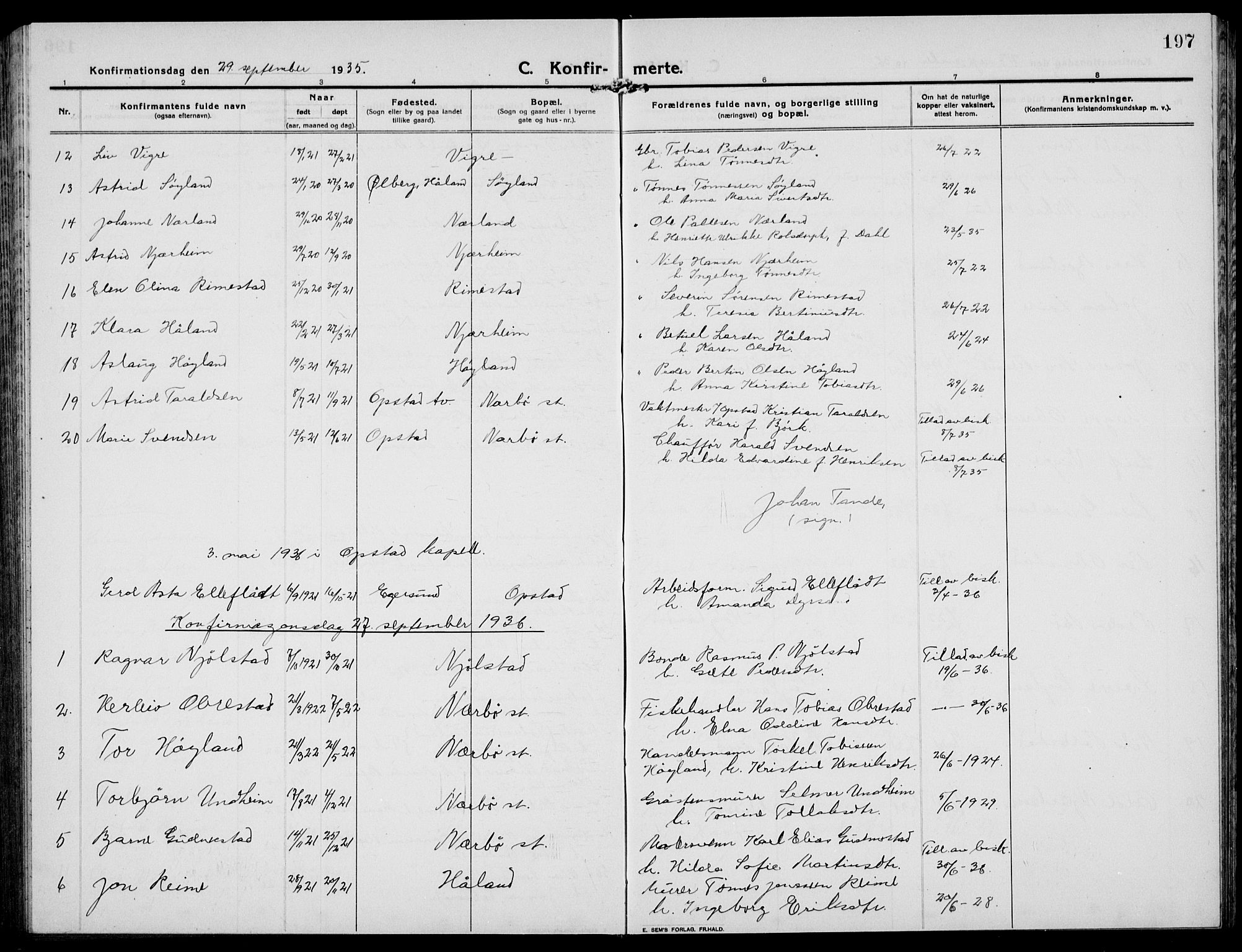 Hå sokneprestkontor, AV/SAST-A-101801/001/30BB/L0007: Klokkerbok nr. B 7, 1912-1939, s. 197