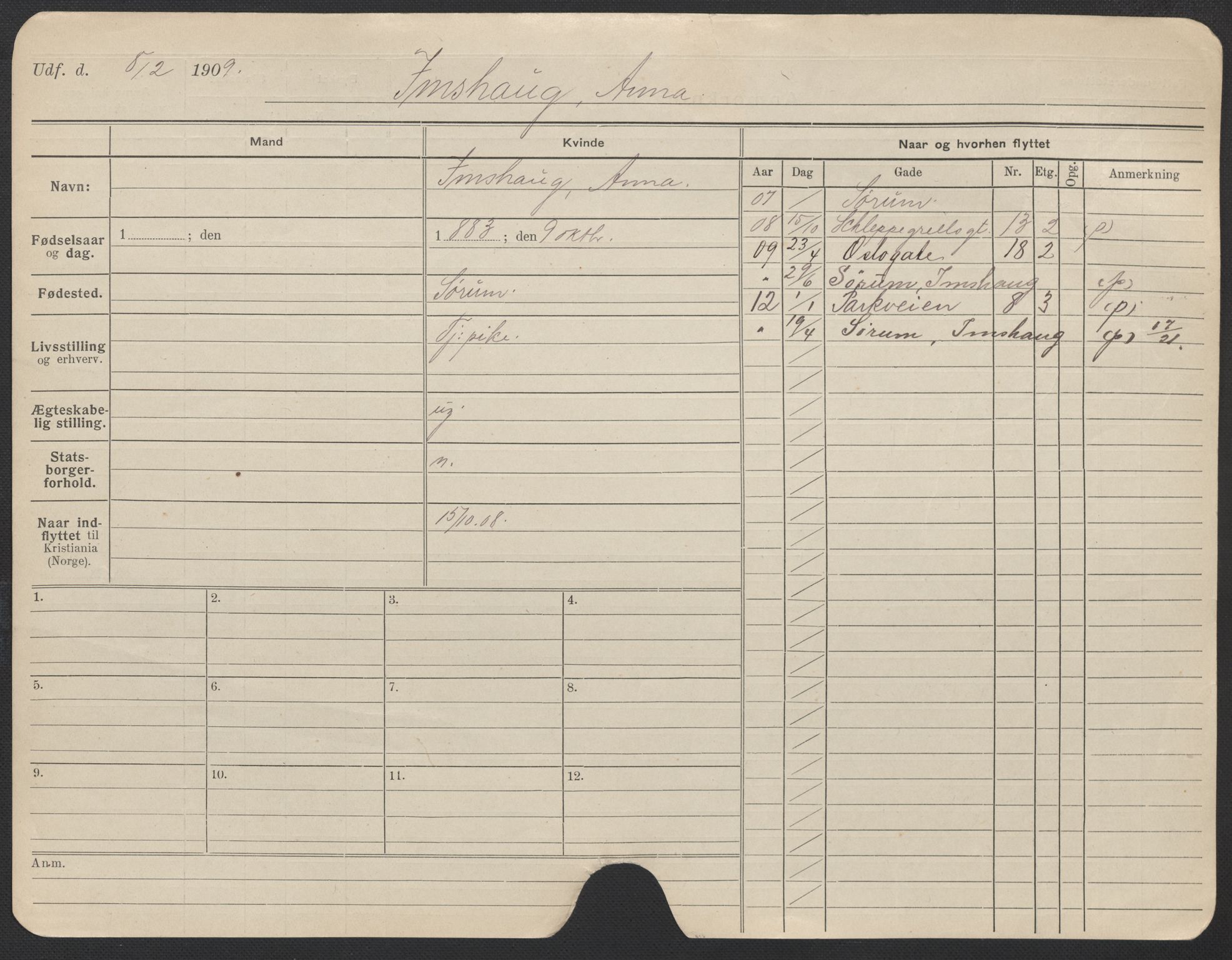 Oslo folkeregister, Registerkort, AV/SAO-A-11715/F/Fa/Fac/L0017: Kvinner, 1906-1914, s. 23a