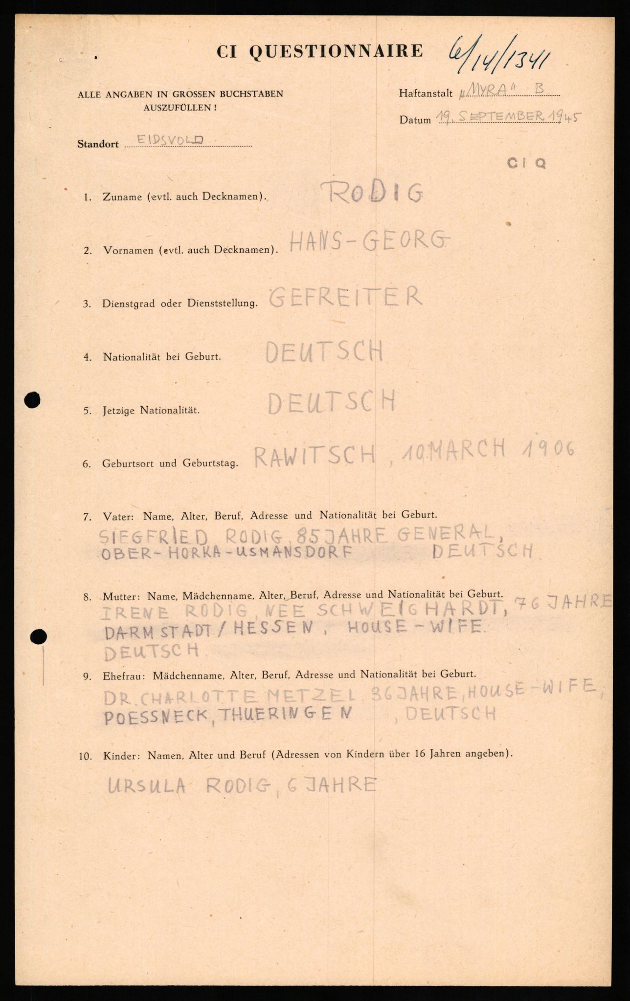 Forsvaret, Forsvarets overkommando II, RA/RAFA-3915/D/Db/L0027: CI Questionaires. Tyske okkupasjonsstyrker i Norge. Tyskere., 1945-1946, s. 505