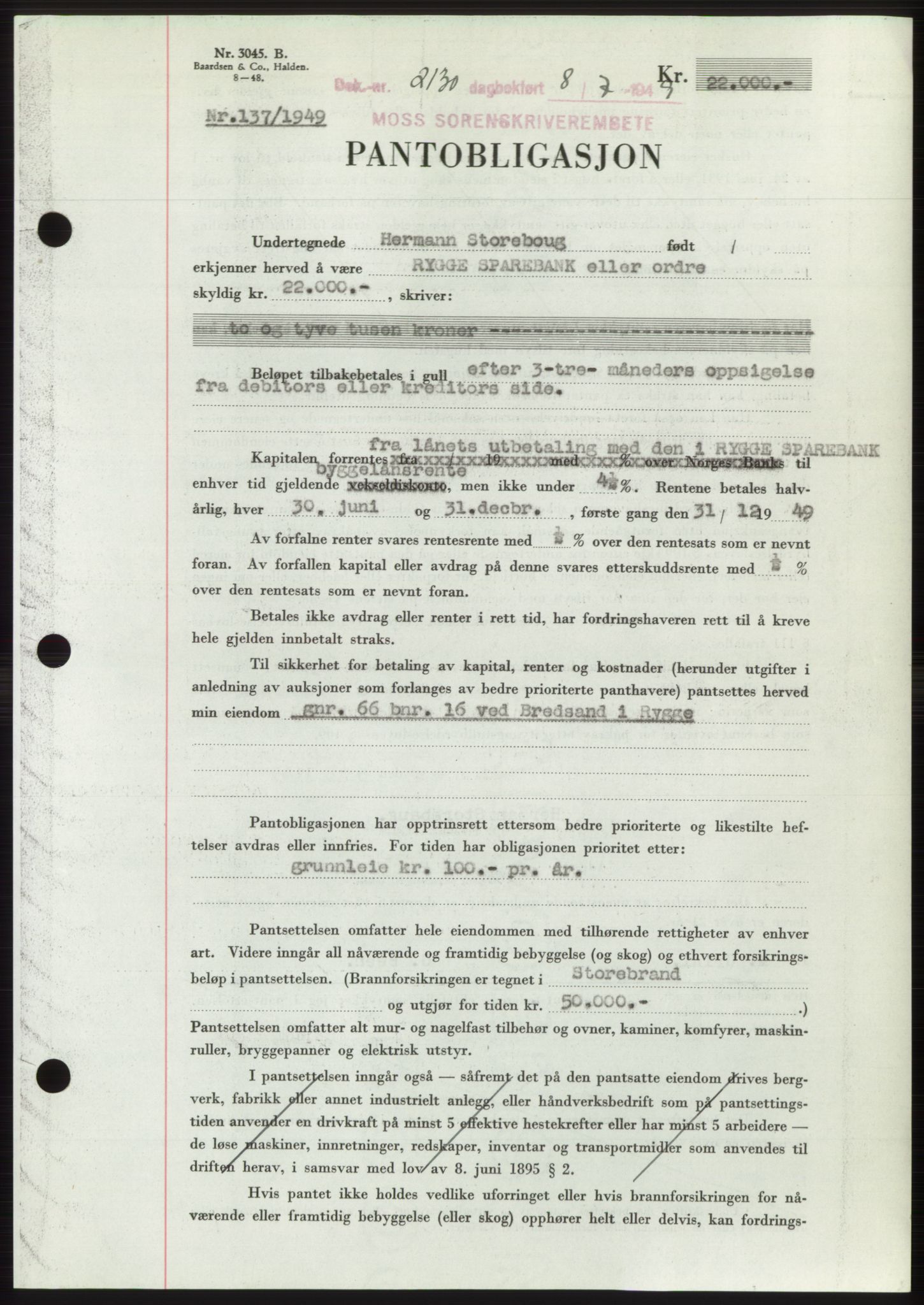 Moss sorenskriveri, SAO/A-10168: Pantebok nr. B22, 1949-1949, Dagboknr: 2130/1949