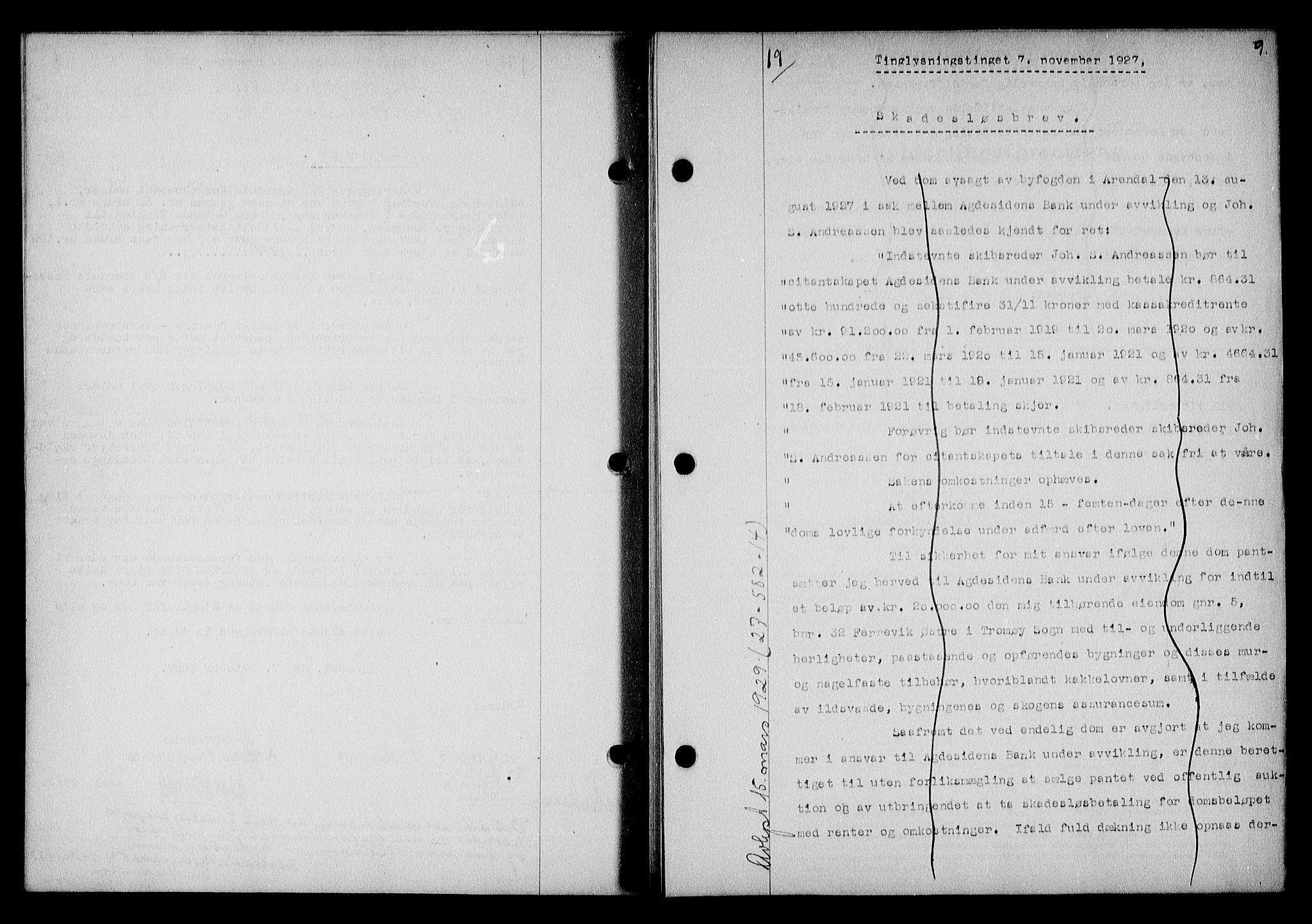 Nedenes sorenskriveri, AV/SAK-1221-0006/G/Gb/Gba/L0033: Pantebok nr. 29, 1927-1928, s. 9