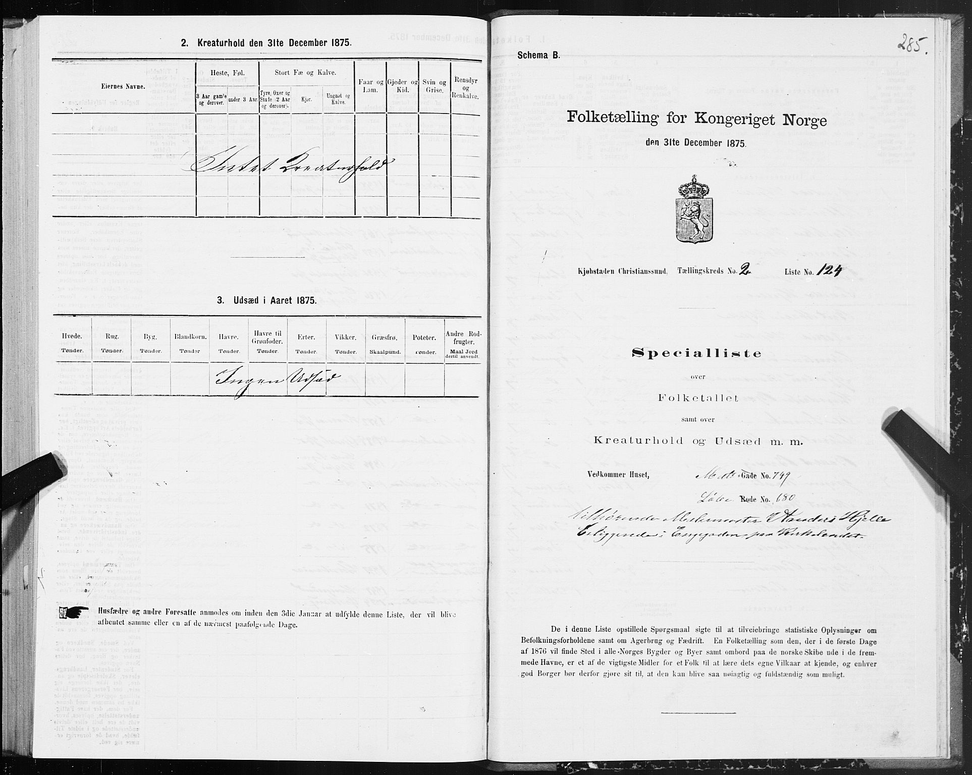 SAT, Folketelling 1875 for 1503B Kristiansund prestegjeld, Kristiansund kjøpstad, 1875, s. 2285