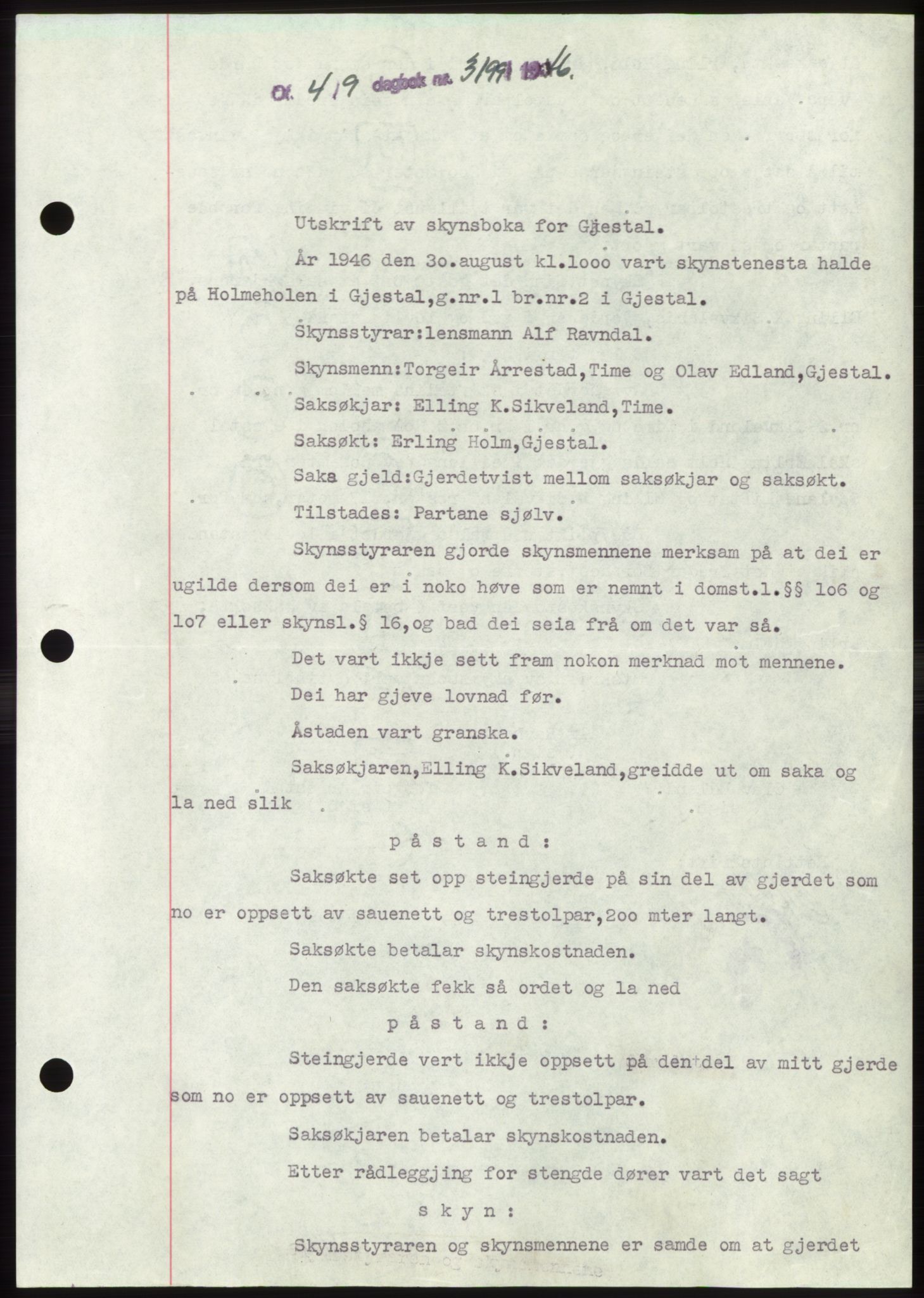 Jæren sorenskriveri, SAST/A-100310/03/G/Gba/L0091: Pantebok, 1946-1946, Dagboknr: 3199/1946