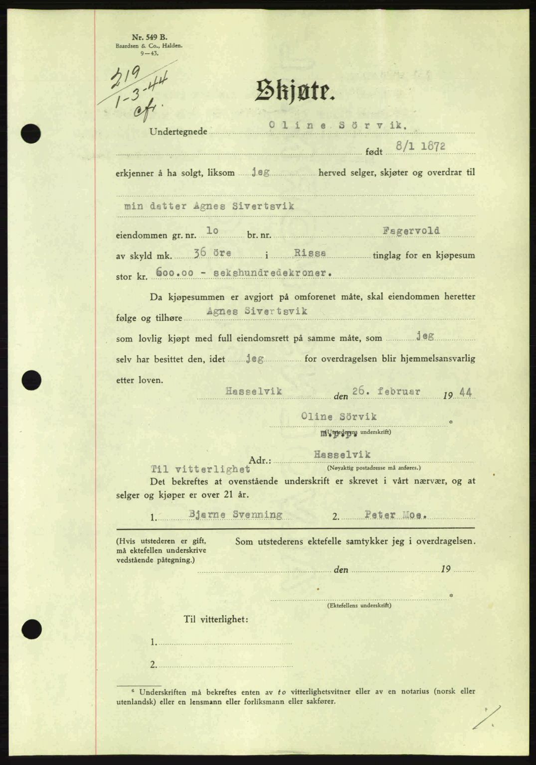 Fosen sorenskriveri, AV/SAT-A-1107/1/2/2C: Pantebok nr. A3, 1943-1945, Dagboknr: 219/1944