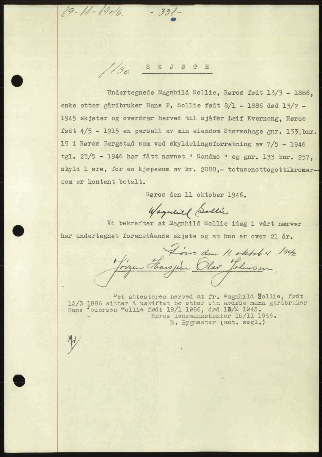 Gauldal sorenskriveri, SAT/A-0014/1/2/2C: Pantebok nr. A2, 1946-1946, Dagboknr: 1130/1946