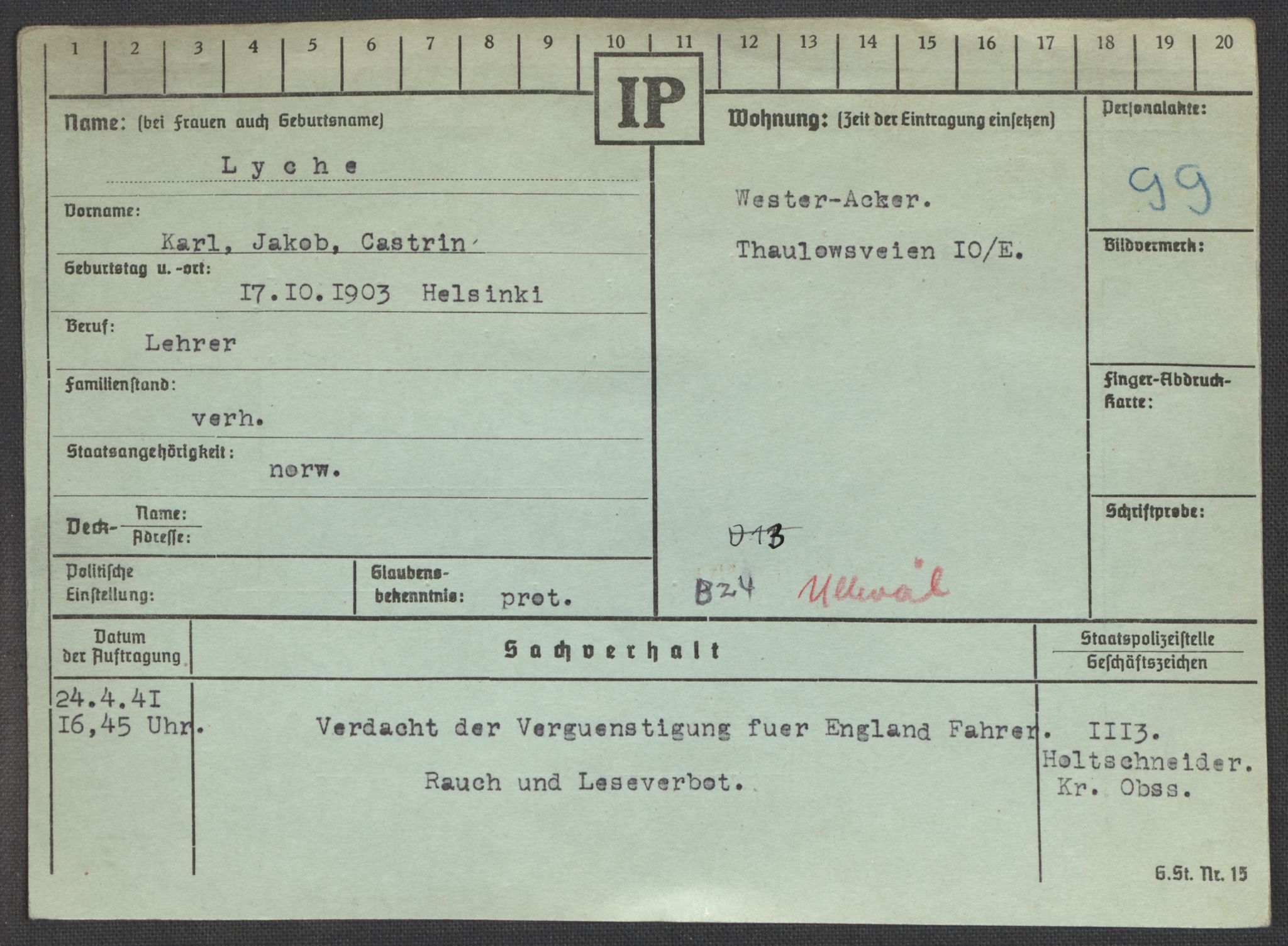 Befehlshaber der Sicherheitspolizei und des SD, RA/RAFA-5969/E/Ea/Eaa/L0007: Register over norske fanger i Møllergata 19: Lundb-N, 1940-1945, s. 74