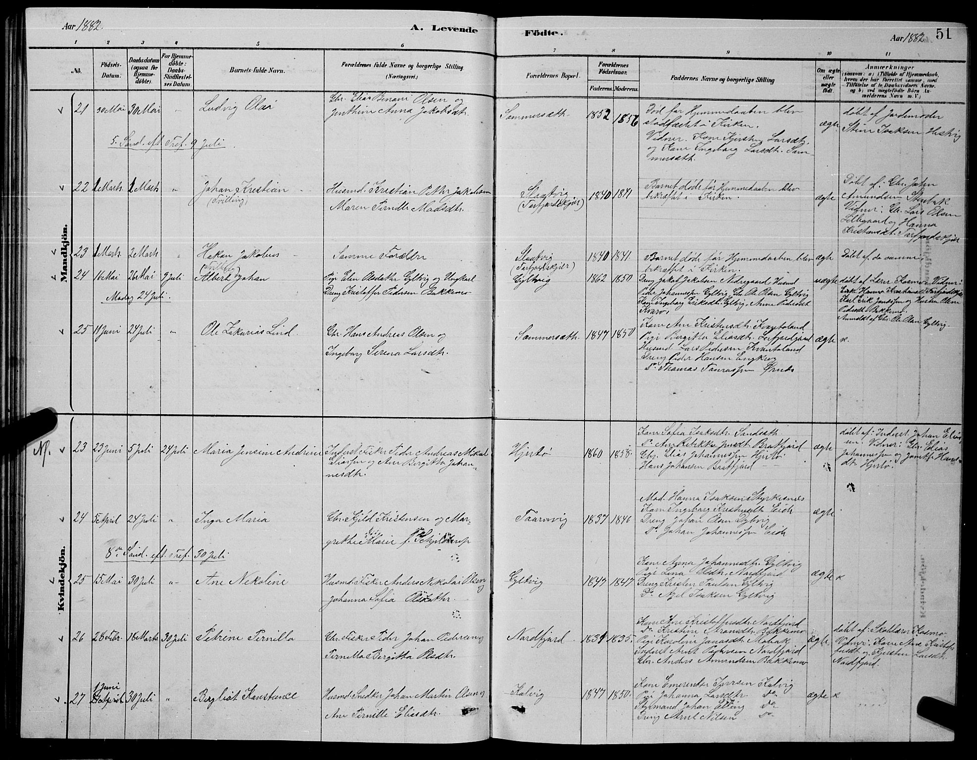 Ministerialprotokoller, klokkerbøker og fødselsregistre - Nordland, AV/SAT-A-1459/853/L0776: Klokkerbok nr. 853C04, 1878-1889, s. 51