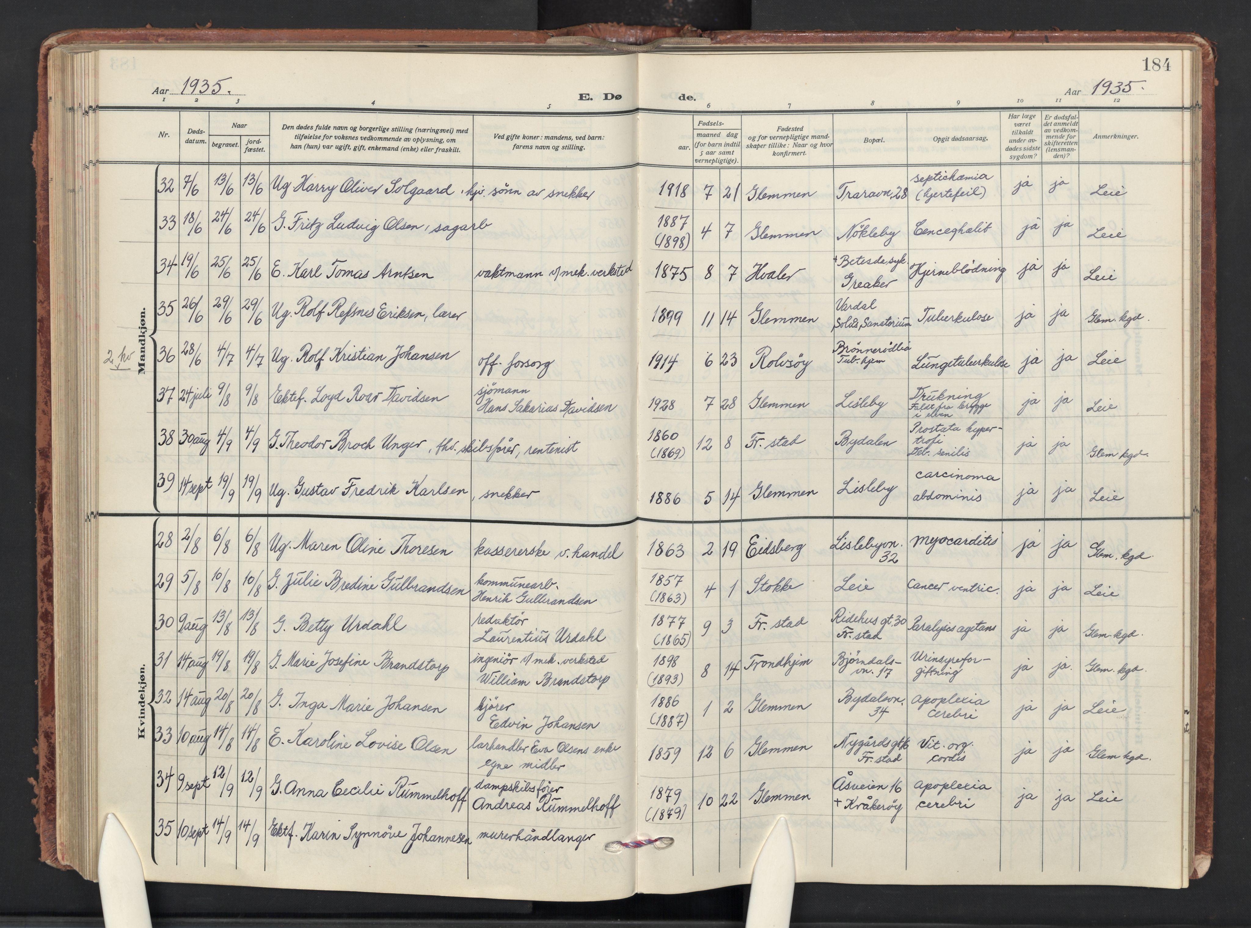 Glemmen prestekontor Kirkebøker, AV/SAO-A-10908/G/Ga/L0010: Klokkerbok nr. 10, 1928-1951, s. 184