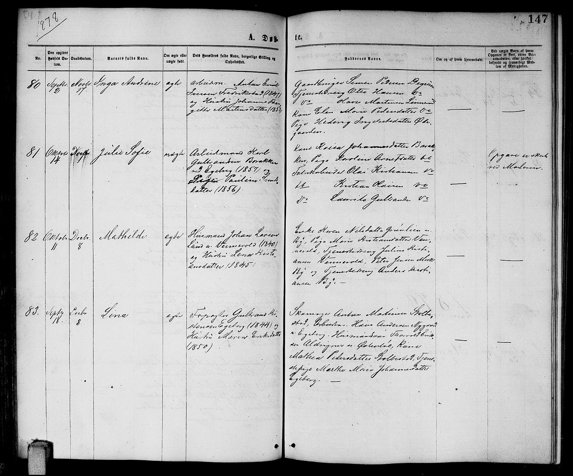 Enebakk prestekontor Kirkebøker, AV/SAO-A-10171c/G/Ga/L0005: Klokkerbok nr. I 5, 1867-1888, s. 147
