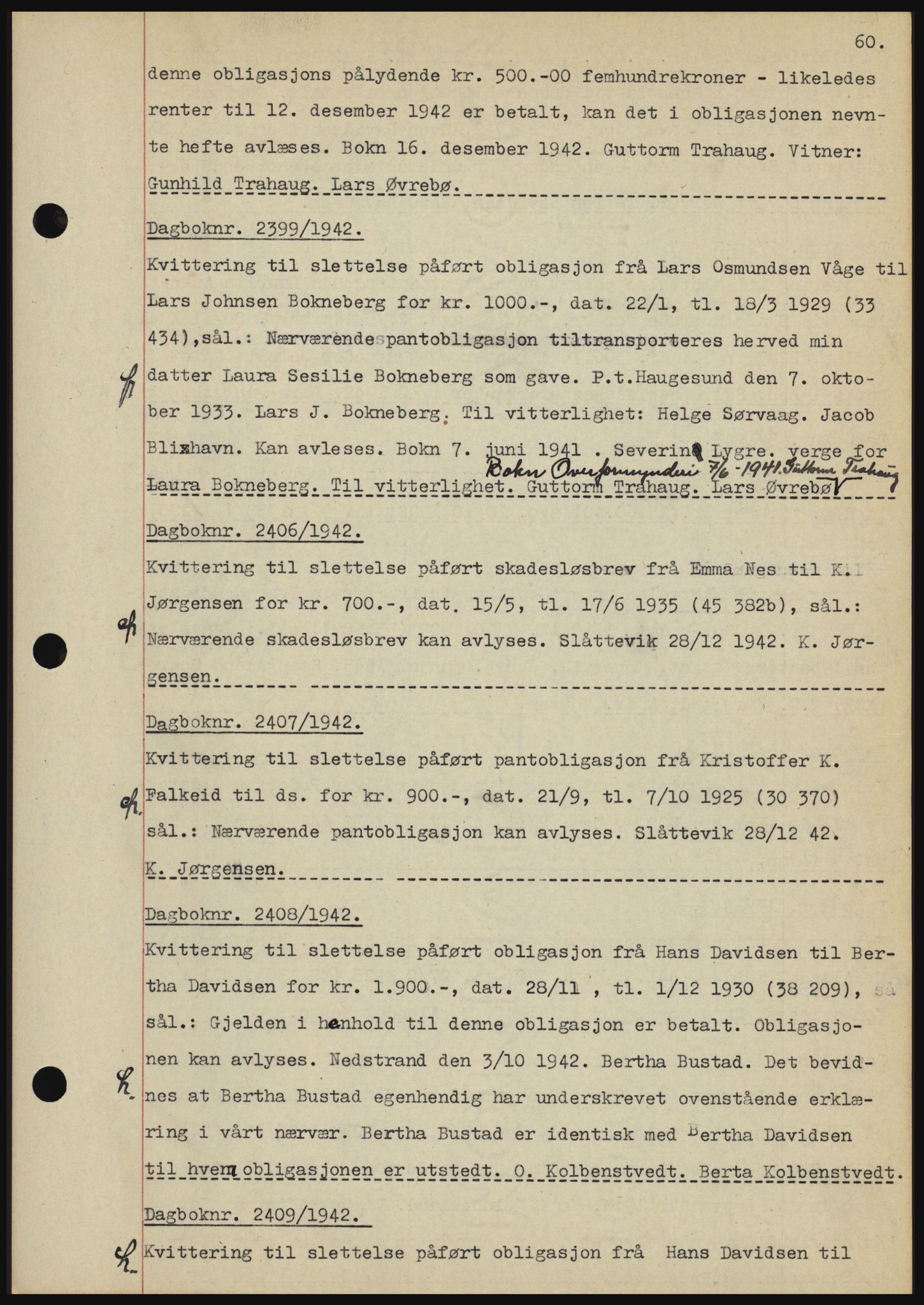 Karmsund sorenskriveri, SAST/A-100311/01/II/IIBBE/L0008: Pantebok nr. B 54, 1942-1943, Dagboknr: 2399/1942