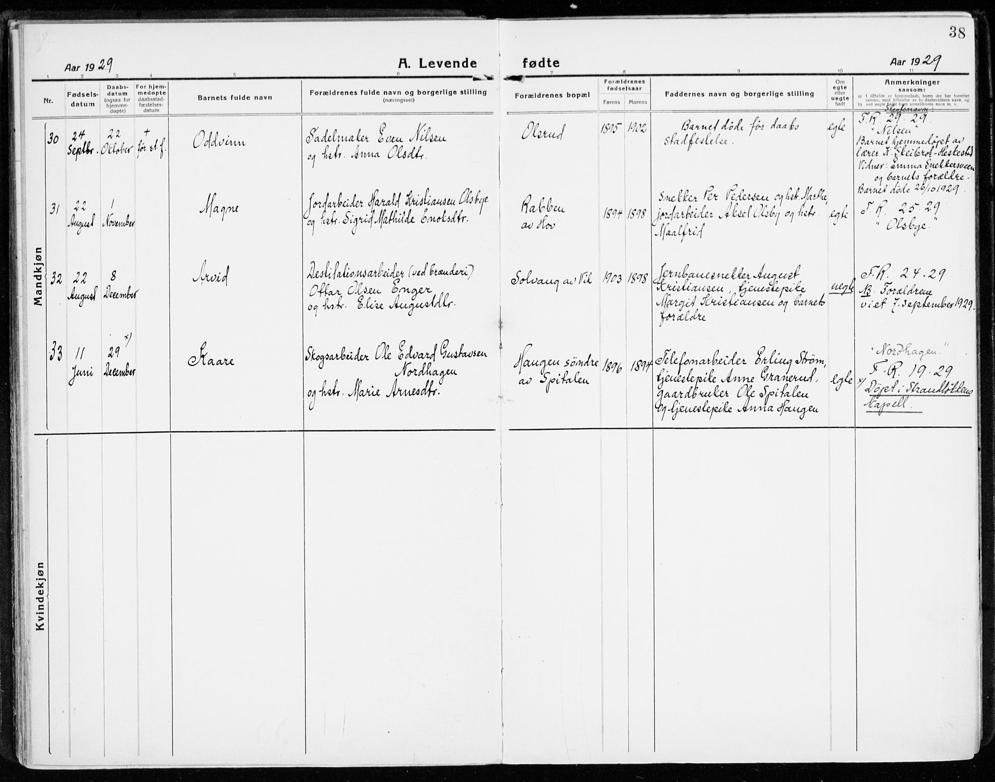 Stange prestekontor, AV/SAH-PREST-002/K/L0025: Ministerialbok nr. 25, 1921-1945, s. 38