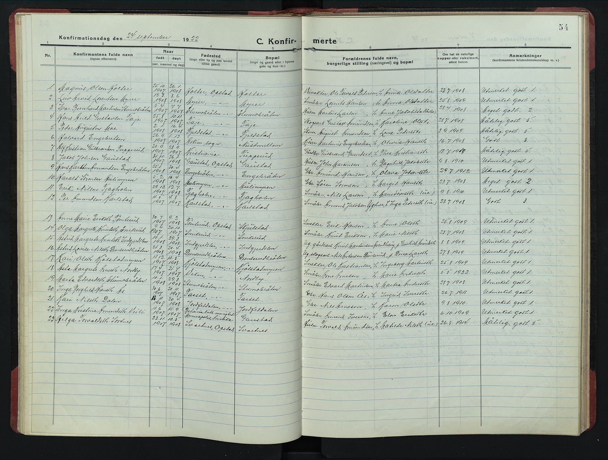 Sør-Odal prestekontor, AV/SAH-PREST-030/H/Ha/Hab/L0010: Klokkerbok nr. 10, 1920-1953, s. 54