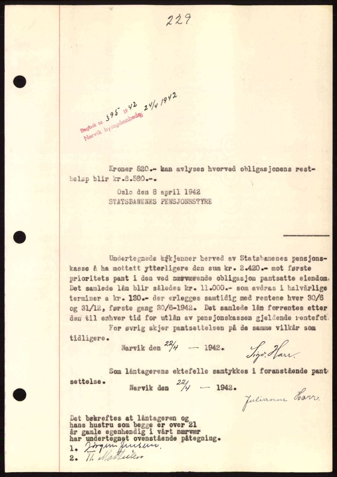 Narvik sorenskriveri, SAT/A-0002/1/2/2C/2Ca: Pantebok nr. A19, 1942-1943, Dagboknr: 395/1942