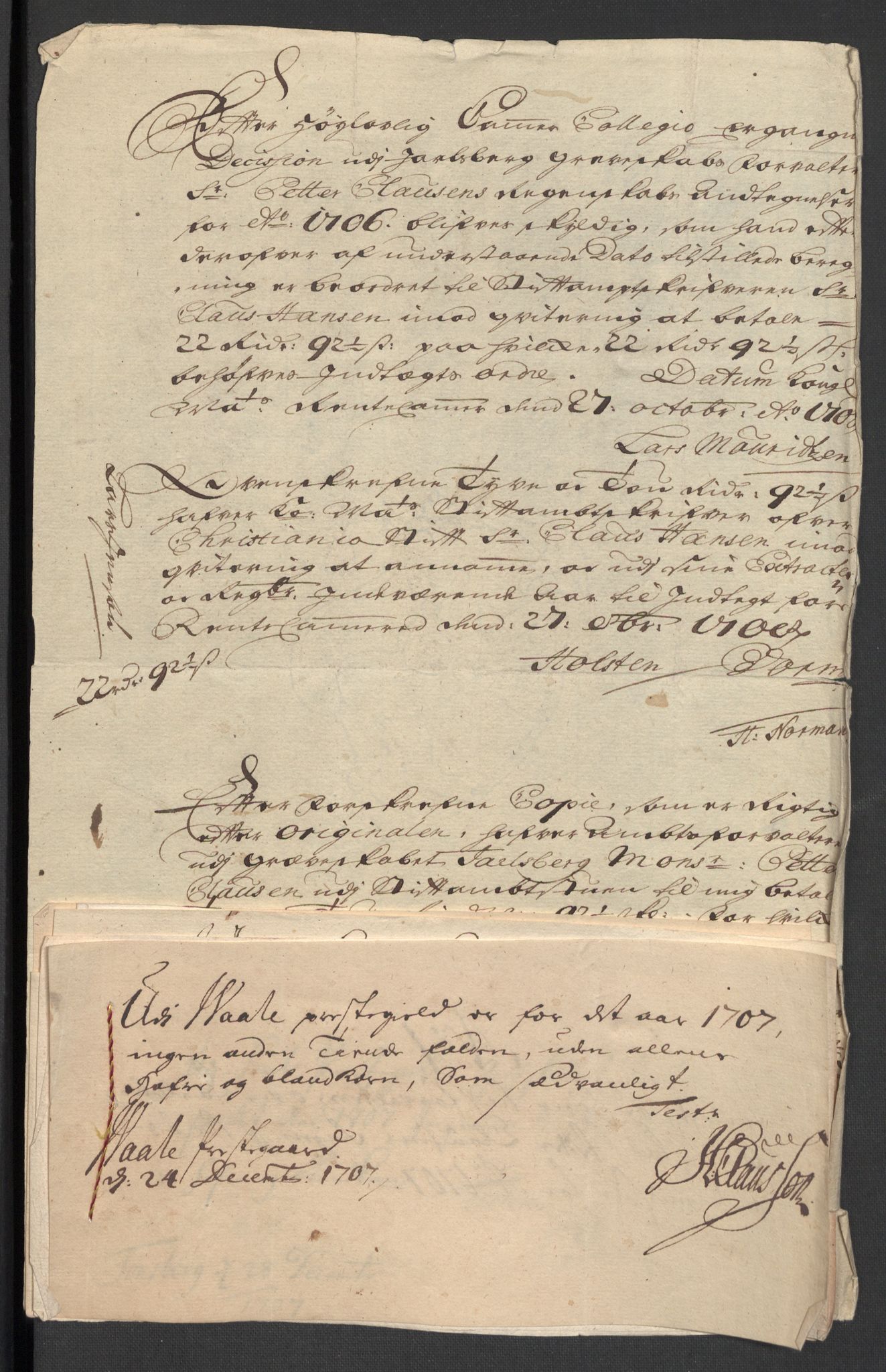 Rentekammeret inntil 1814, Reviderte regnskaper, Fogderegnskap, RA/EA-4092/R32/L1872: Fogderegnskap Jarlsberg grevskap, 1706-1707, s. 515