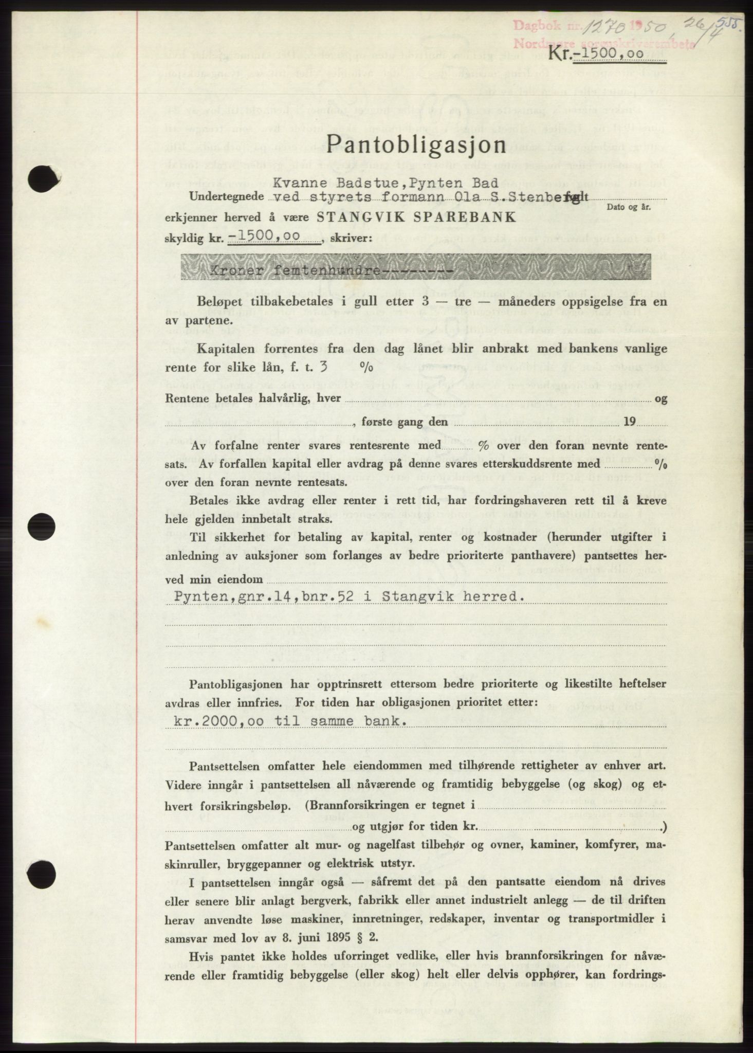 Nordmøre sorenskriveri, SAT/A-4132/1/2/2Ca: Pantebok nr. B104, 1950-1950, Dagboknr: 1270/1950