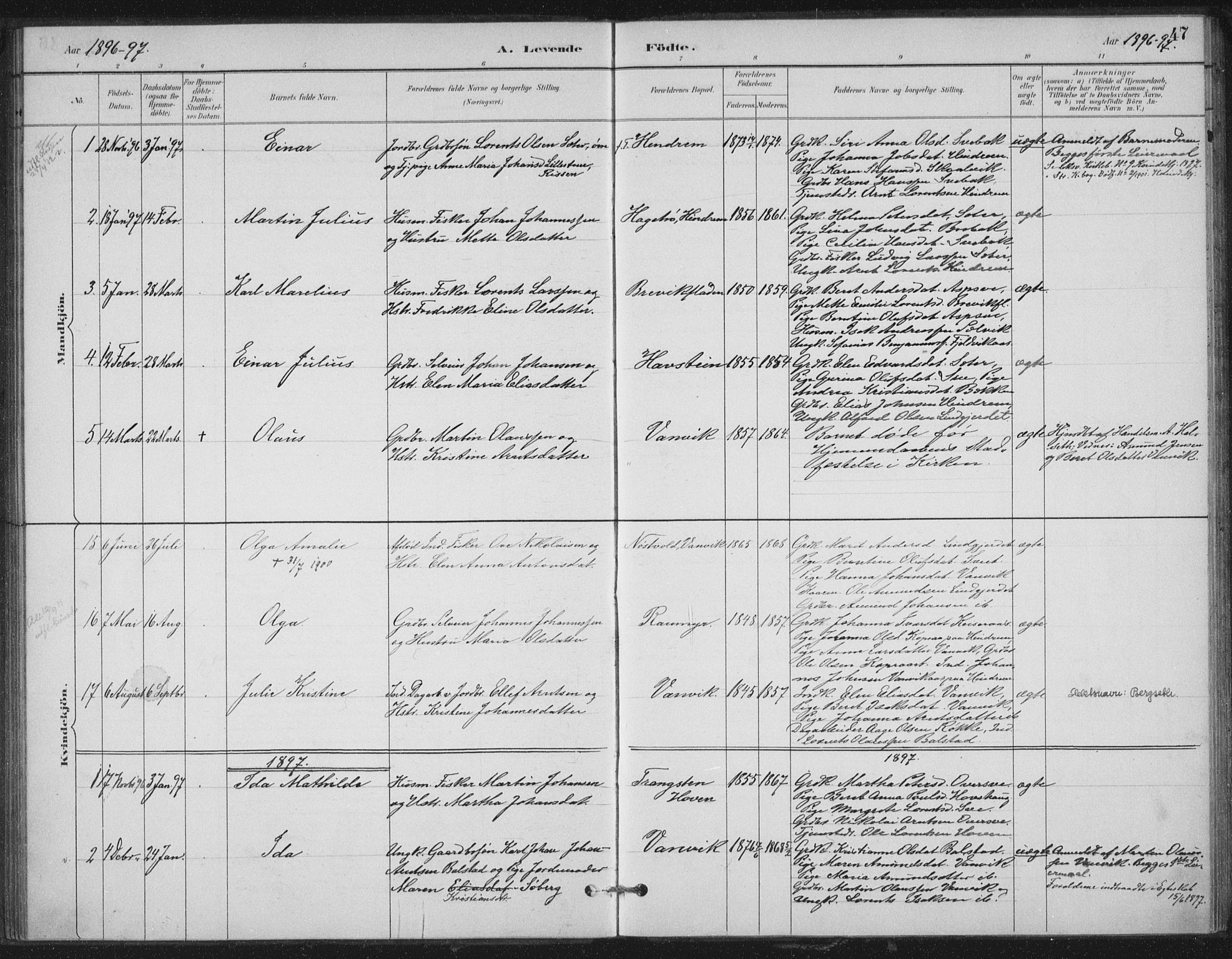 Ministerialprotokoller, klokkerbøker og fødselsregistre - Nord-Trøndelag, SAT/A-1458/702/L0023: Ministerialbok nr. 702A01, 1883-1897, s. 47