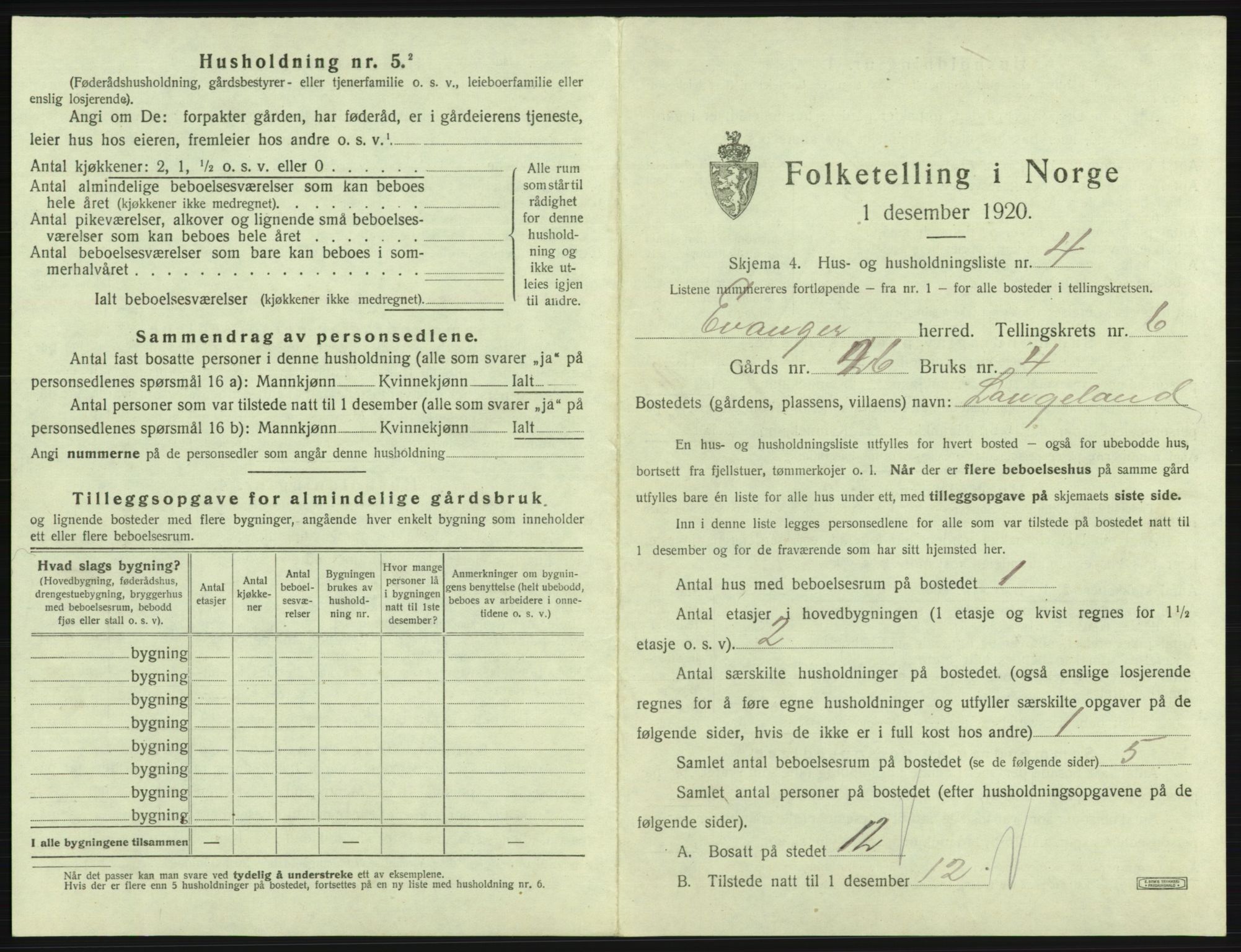 SAB, Folketelling 1920 for 1237 Evanger herred, 1920, s. 285