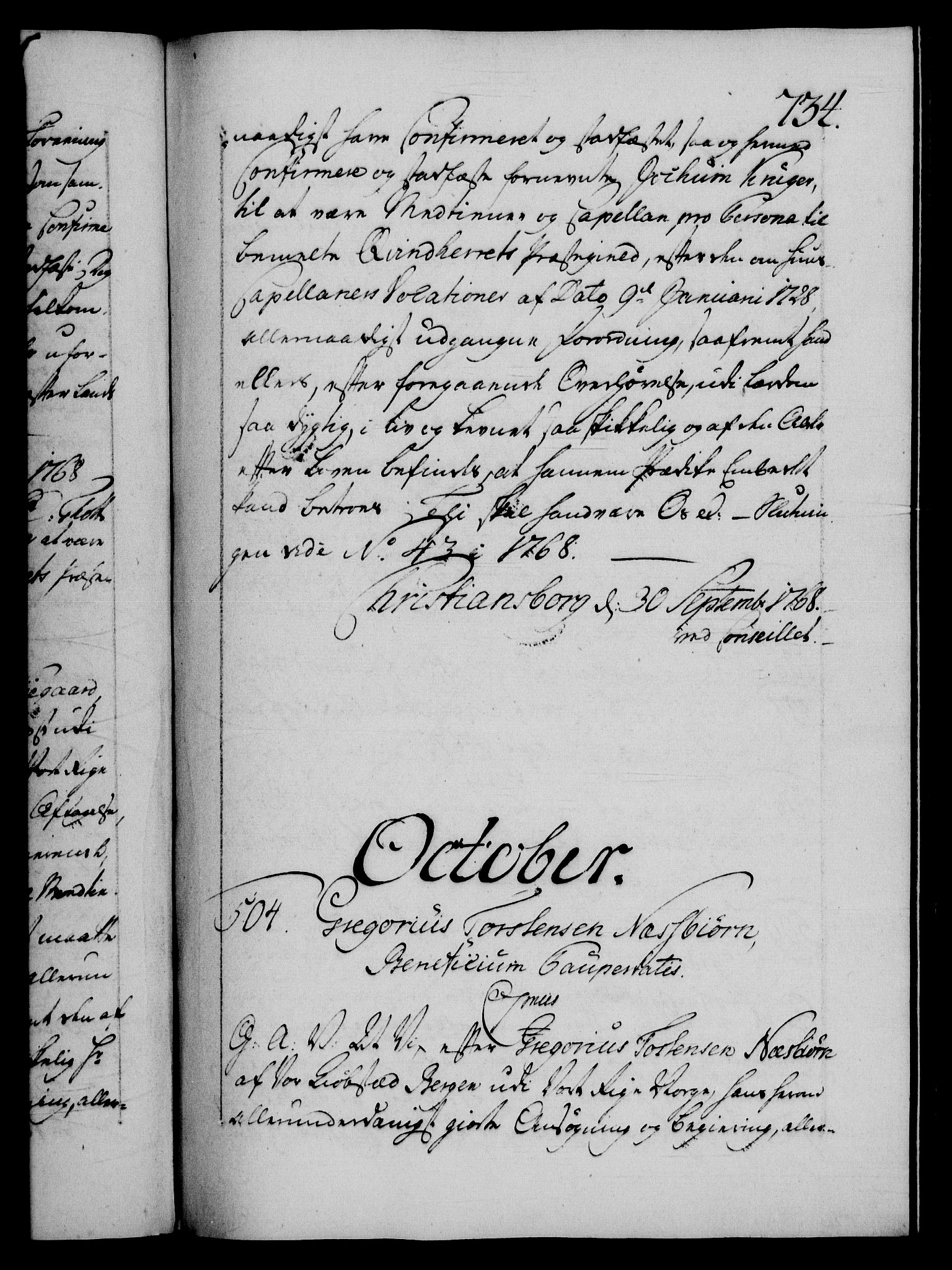 Danske Kanselli 1572-1799, RA/EA-3023/F/Fc/Fca/Fcaa/L0043: Norske registre, 1766-1768, s. 734a