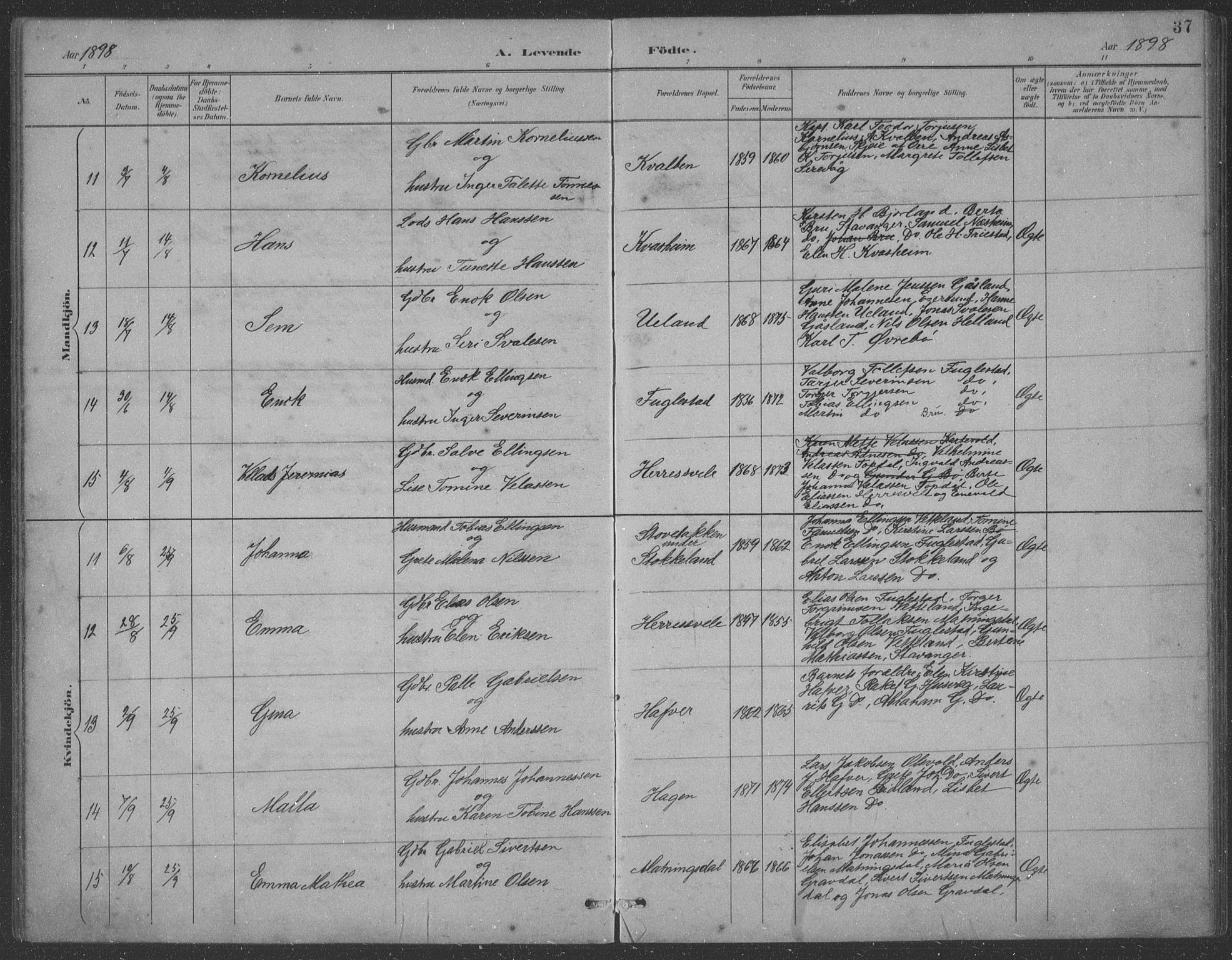 Eigersund sokneprestkontor, SAST/A-101807/S09: Klokkerbok nr. B 21, 1890-1915, s. 37