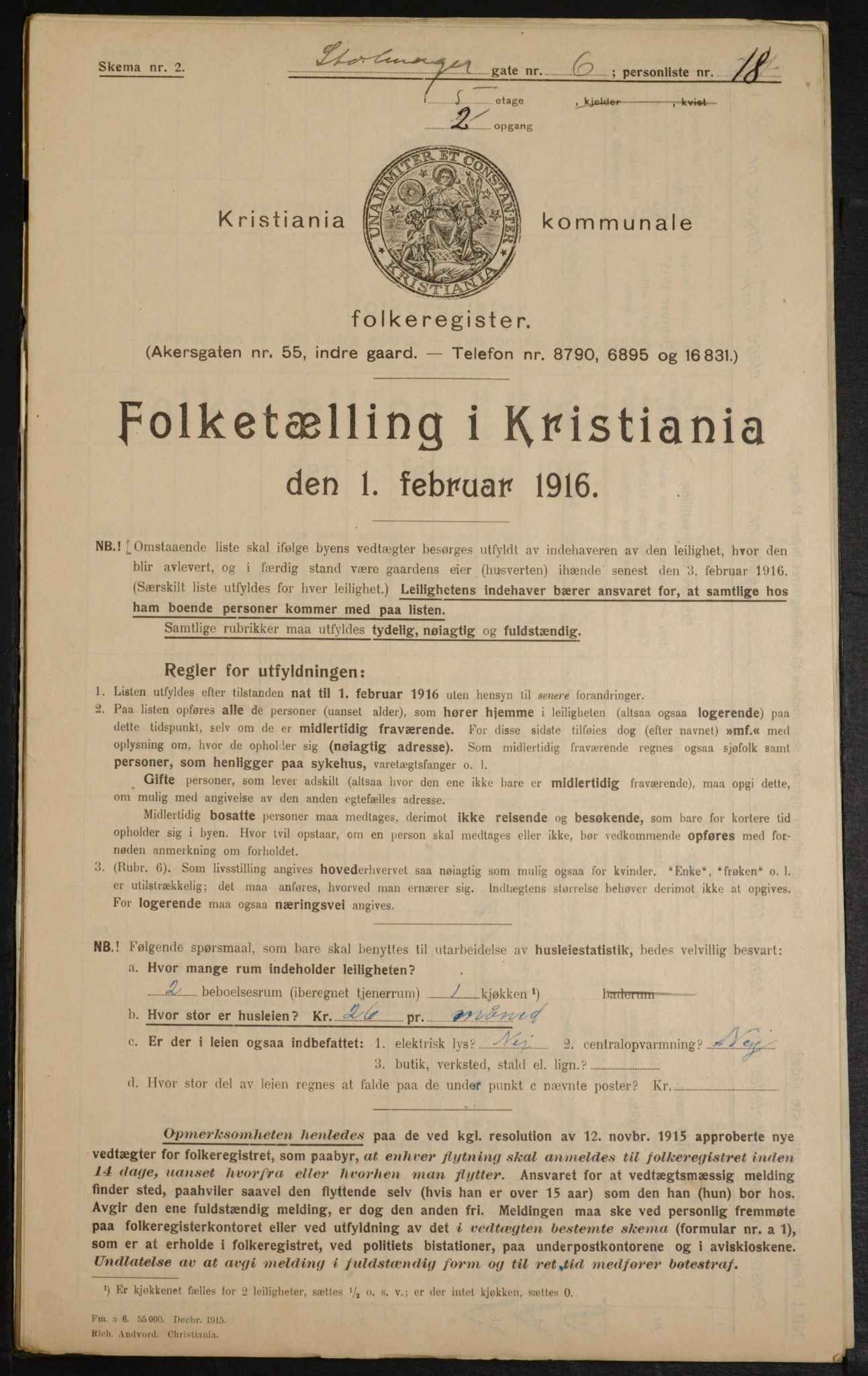 OBA, Kommunal folketelling 1.2.1916 for Kristiania, 1916, s. 105458