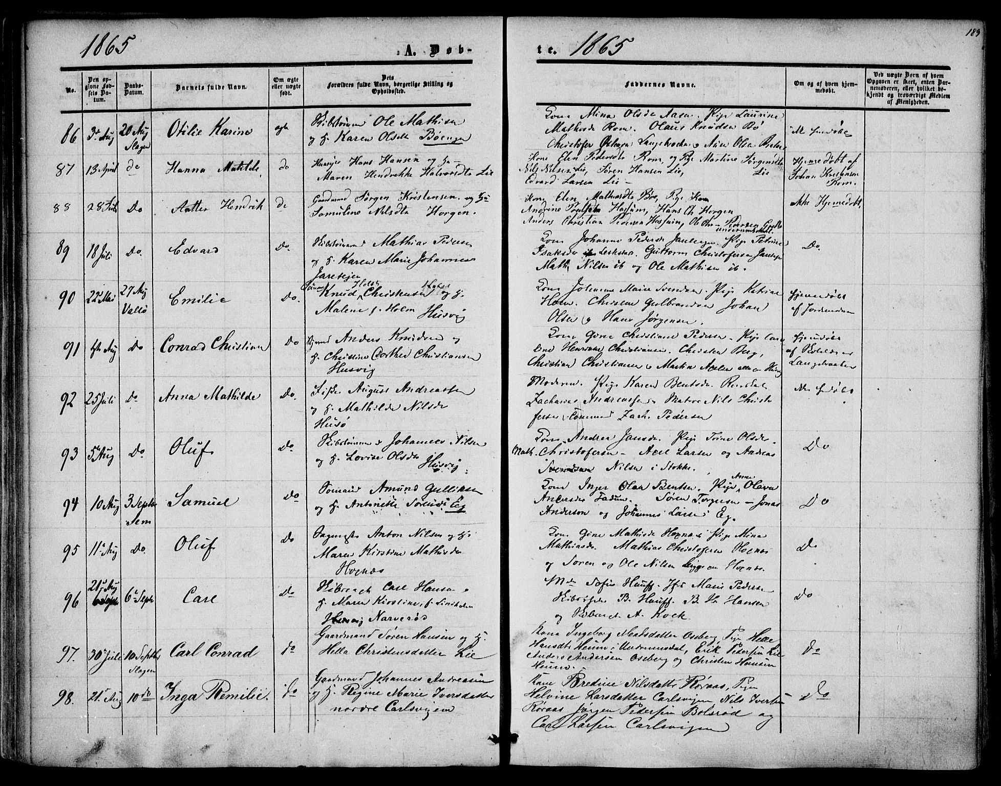 Sem kirkebøker, AV/SAKO-A-5/F/Fa/L0007: Ministerialbok nr. I 7, 1856-1865, s. 189