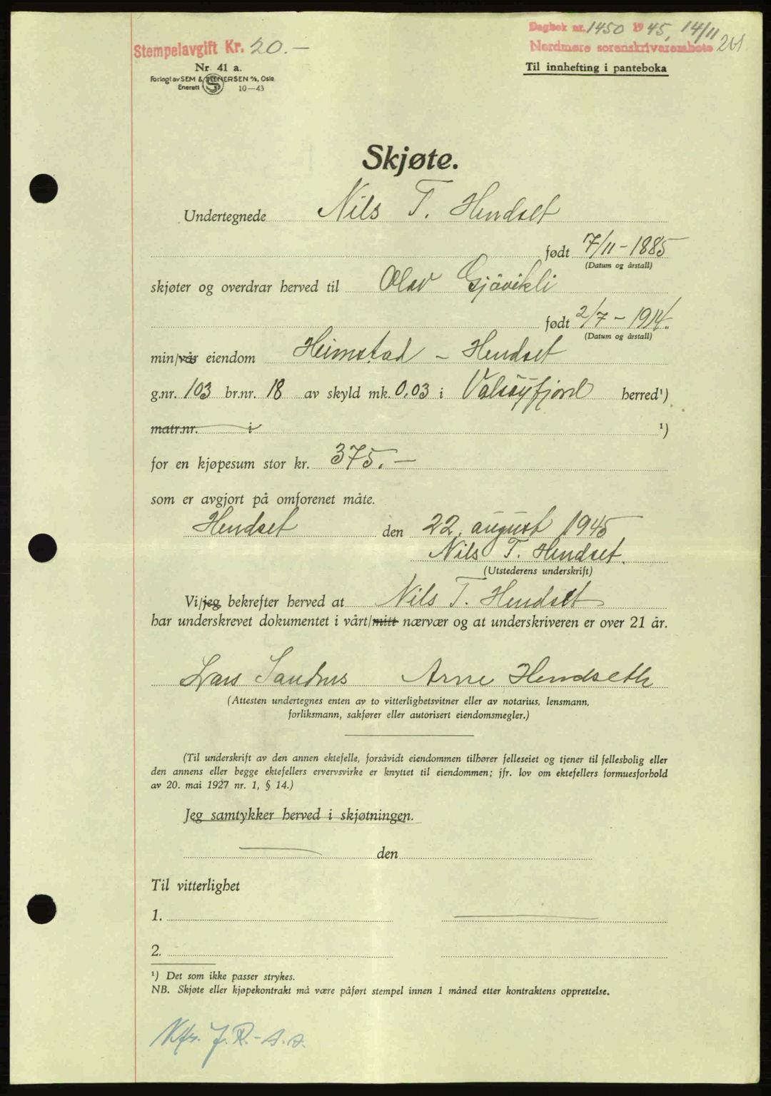 Nordmøre sorenskriveri, AV/SAT-A-4132/1/2/2Ca: Pantebok nr. A100a, 1945-1945, Dagboknr: 1450/1945