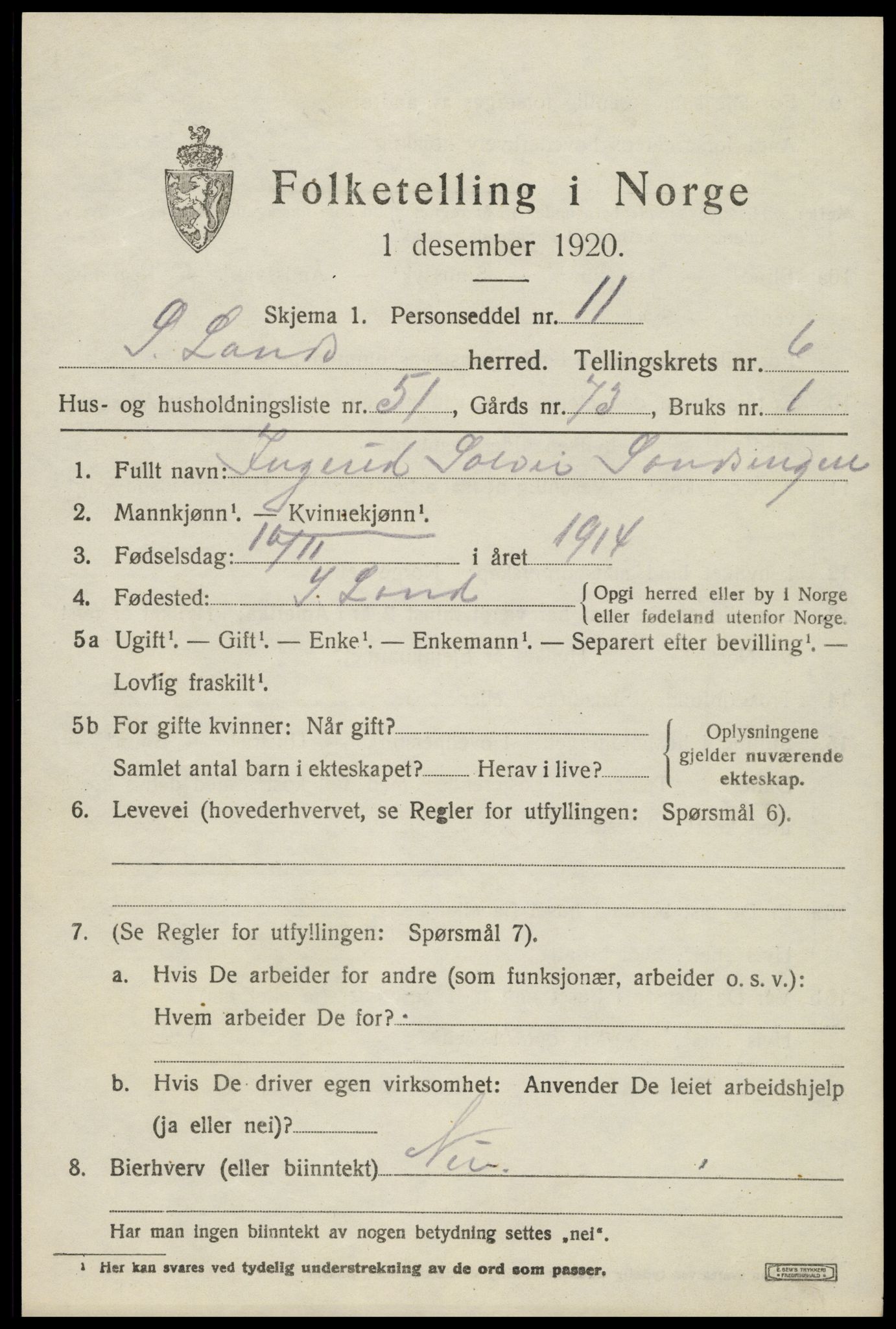 SAH, Folketelling 1920 for 0536 Søndre Land herred, 1920, s. 6891