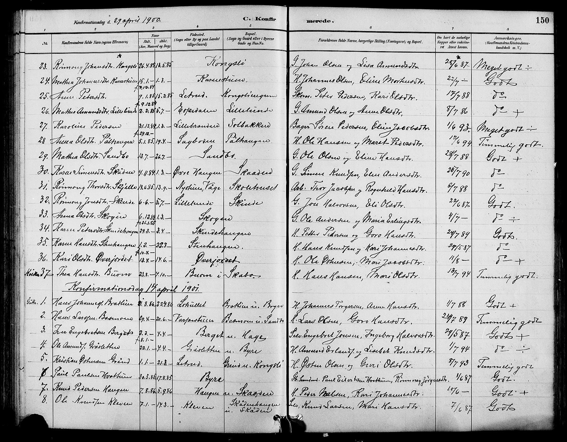 Nord-Fron prestekontor, SAH/PREST-080/H/Ha/Hab/L0004: Klokkerbok nr. 4, 1884-1914, s. 150