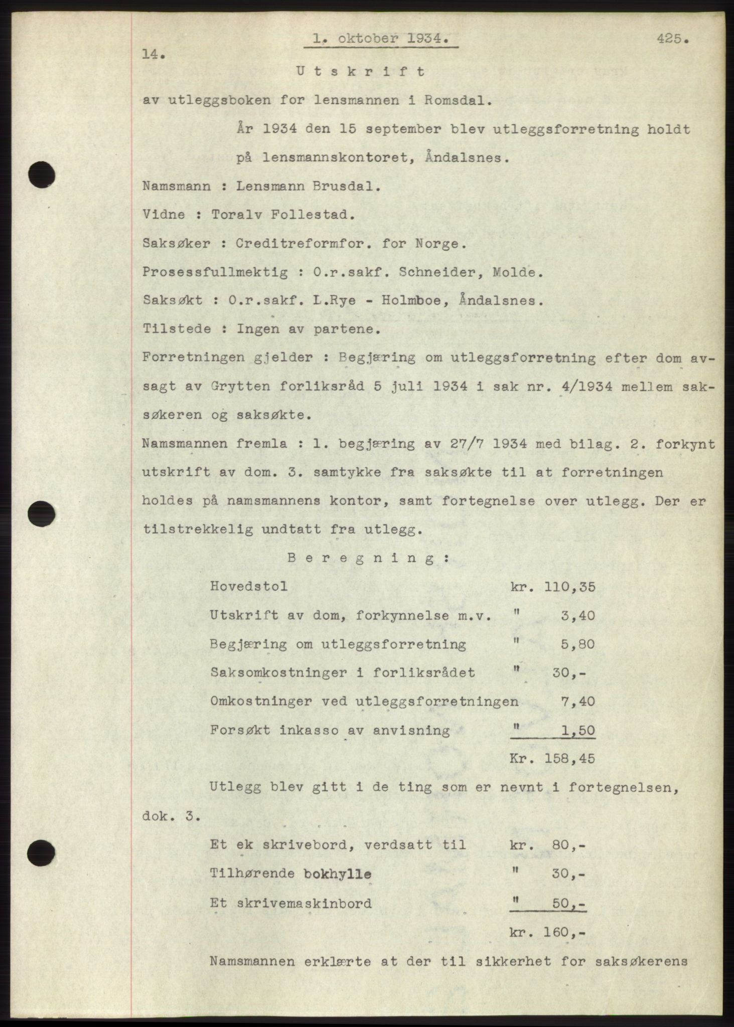 Romsdal sorenskriveri, AV/SAT-A-4149/1/2/2C/L0065: Pantebok nr. 59, 1934-1934, Tingl.dato: 01.10.1934