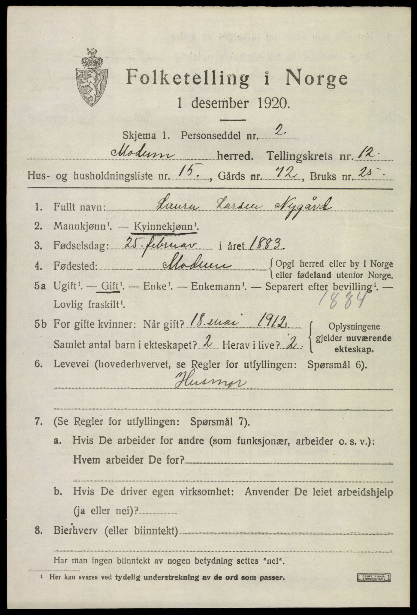 SAKO, Folketelling 1920 for 0623 Modum herred, 1920, s. 14505