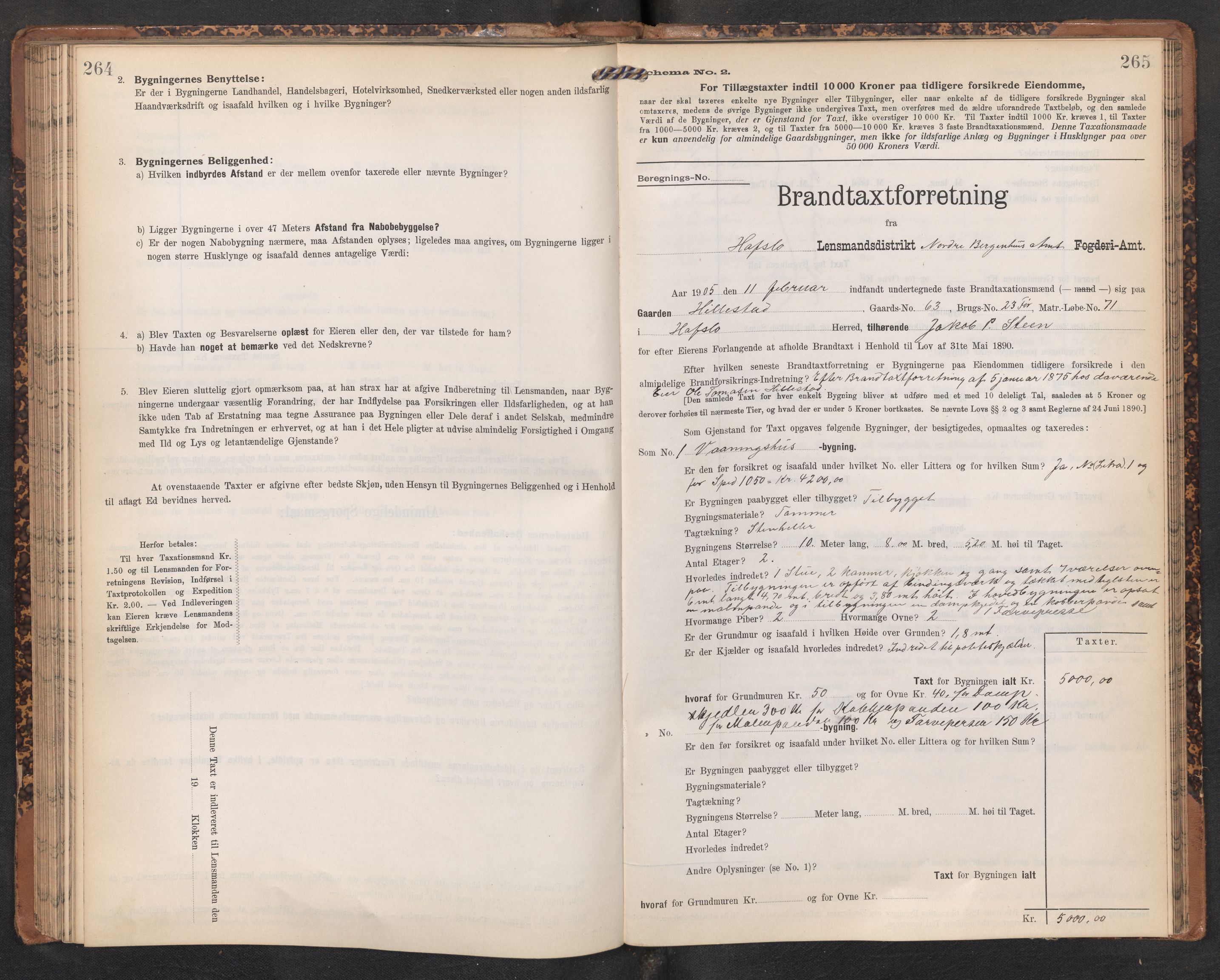 Lensmannen i Hafslo, SAB/A-28001/0012/L0007: Branntakstprotokoll, skjematakst, 1905-1922, s. 264-265