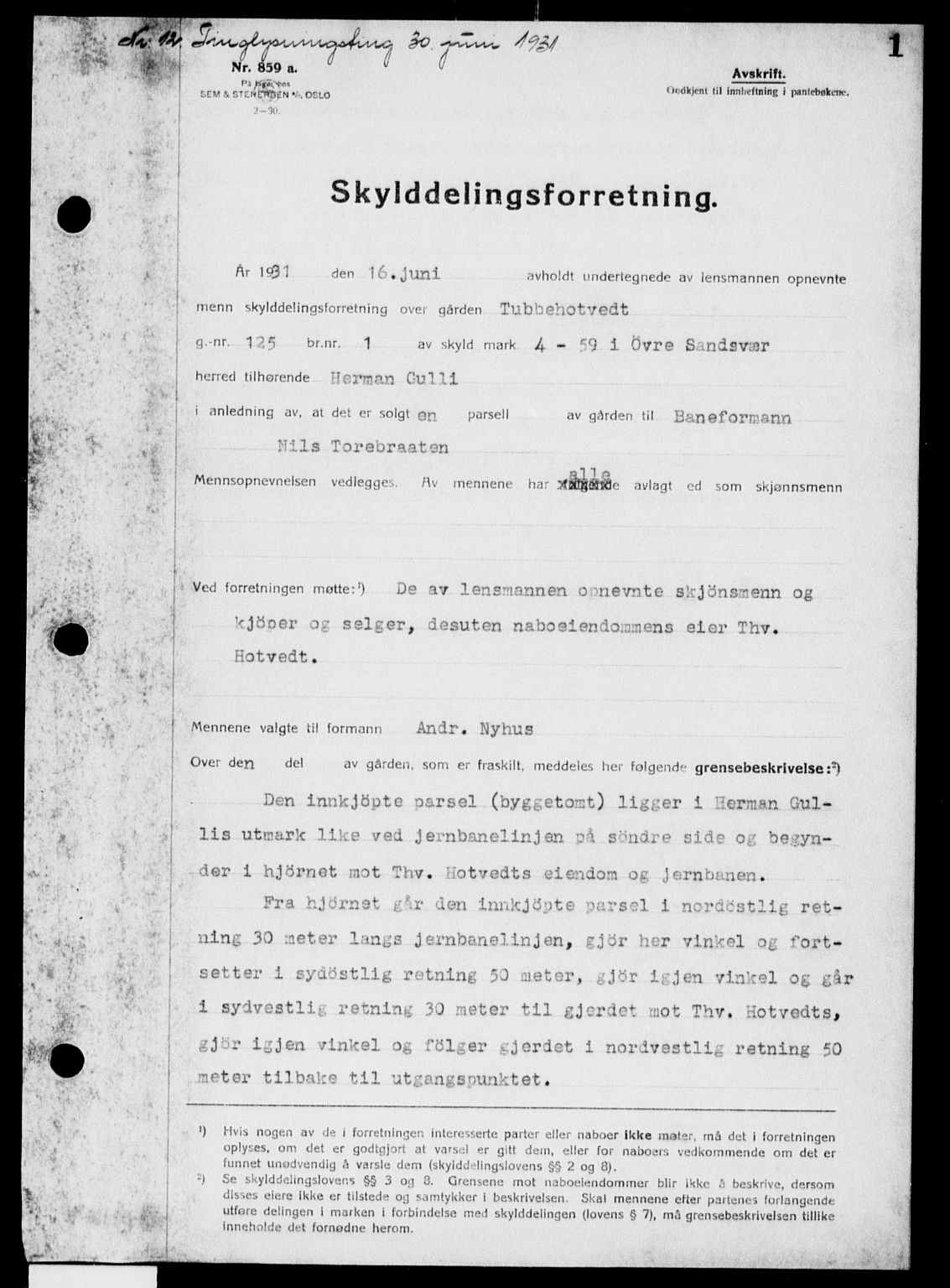 Numedal og Sandsvær sorenskriveri, SAKO/A-128/G/Ga/Gaa/L0045: Pantebok nr. I 45, 1931-1933, s. 1