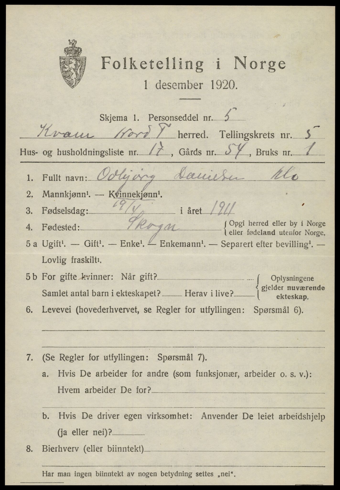 SAT, Folketelling 1920 for 1735 Kvam herred, 1920, s. 1573