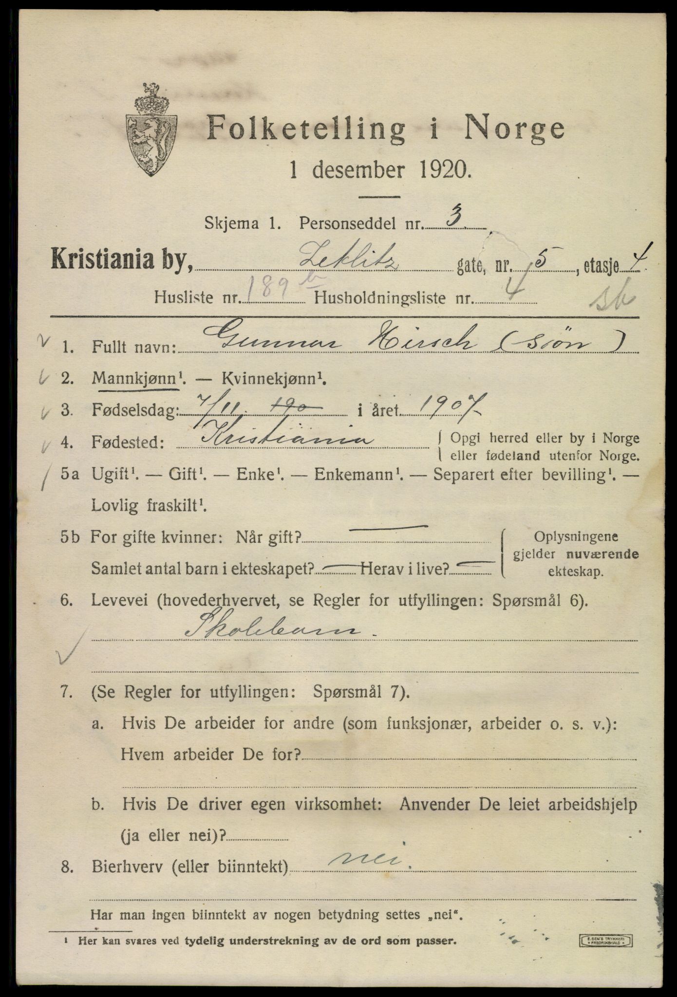 SAO, Folketelling 1920 for 0301 Kristiania kjøpstad, 1920, s. 654693