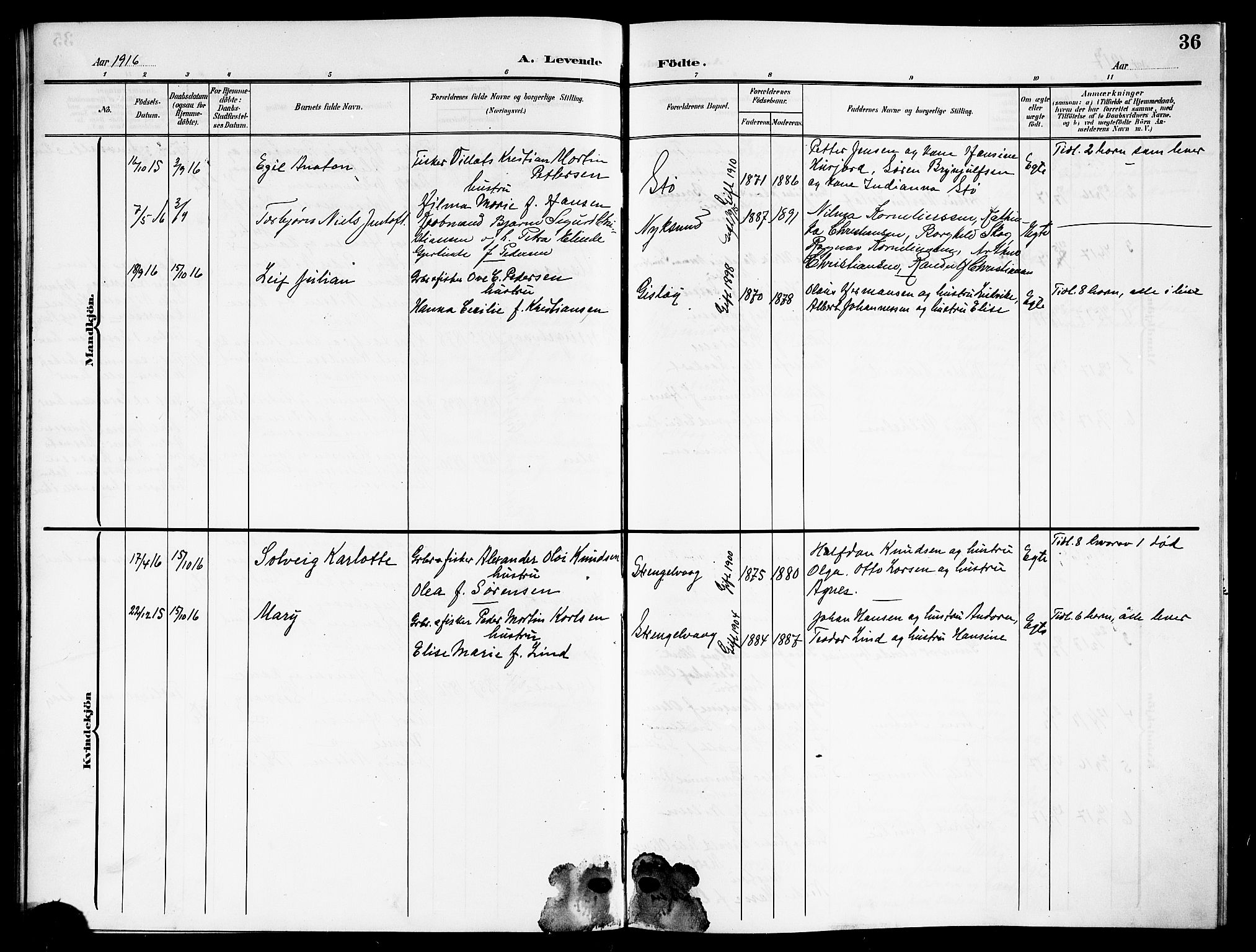 Ministerialprotokoller, klokkerbøker og fødselsregistre - Nordland, AV/SAT-A-1459/894/L1361: Klokkerbok nr. 894C04, 1905-1922, s. 36